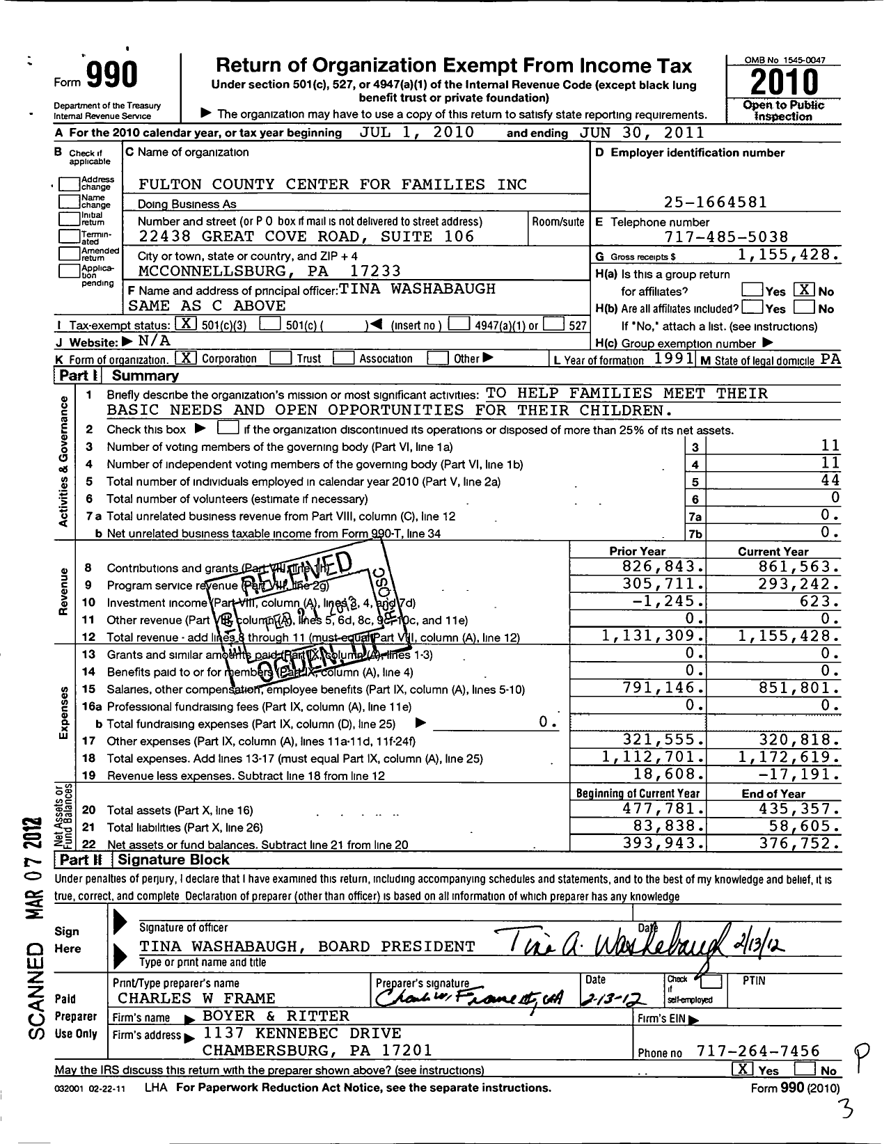 Image of first page of 2010 Form 990 for Fulton County Center for Families