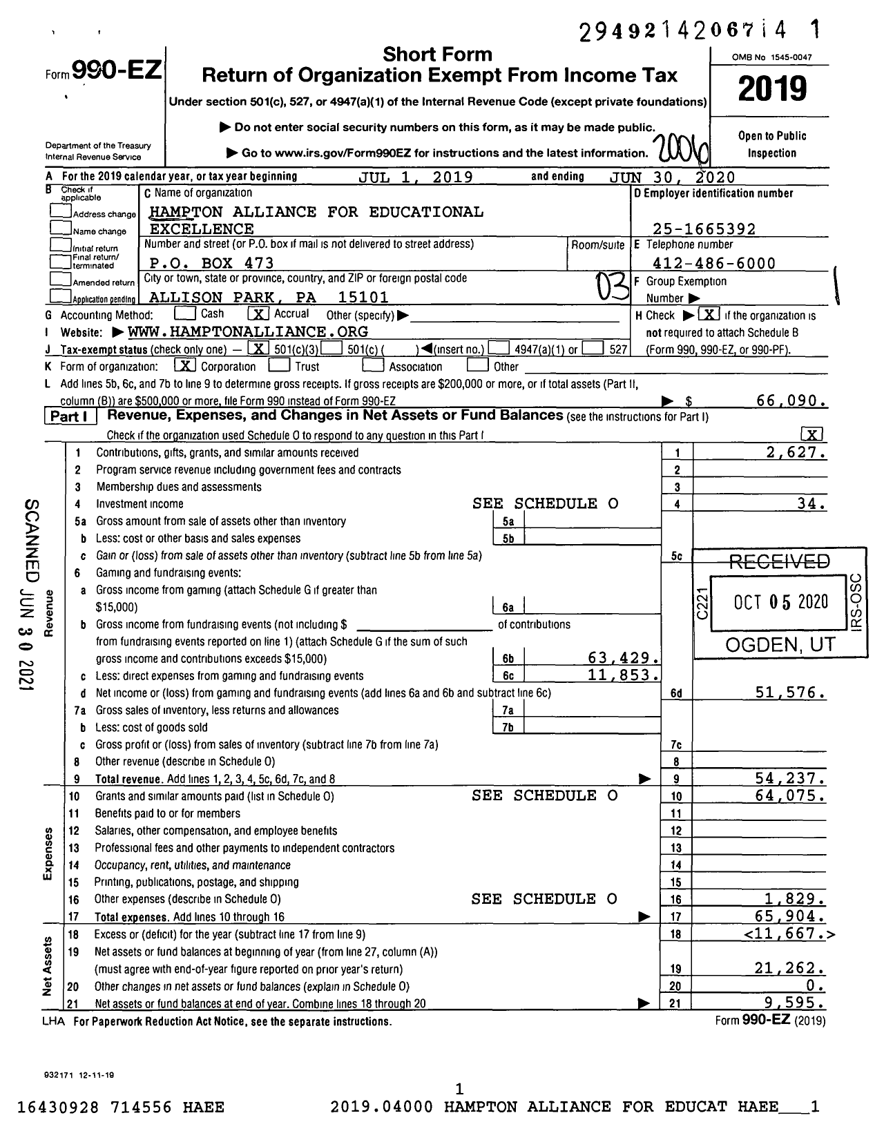 Image of first page of 2019 Form 990EZ for Hampton Alliance for Educational Excellence