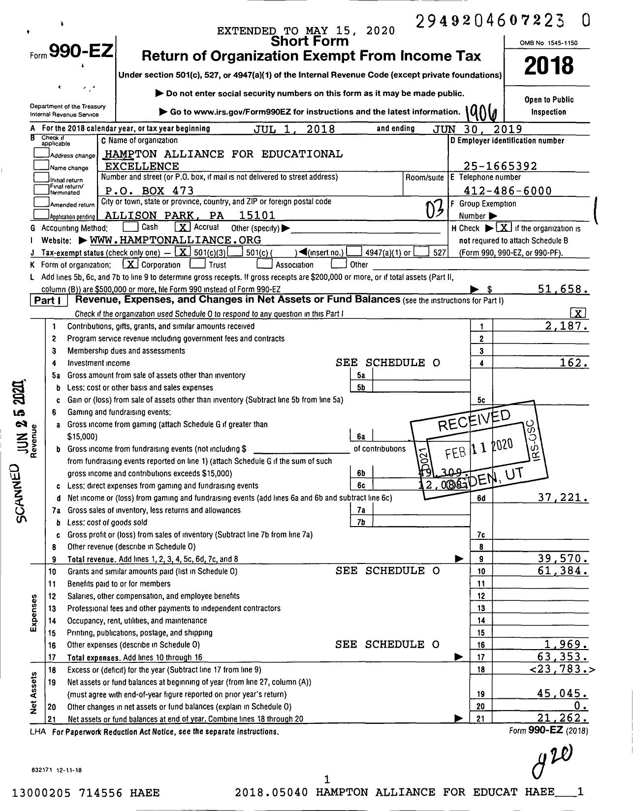 Image of first page of 2018 Form 990EZ for Hampton Alliance for Educational Excellence