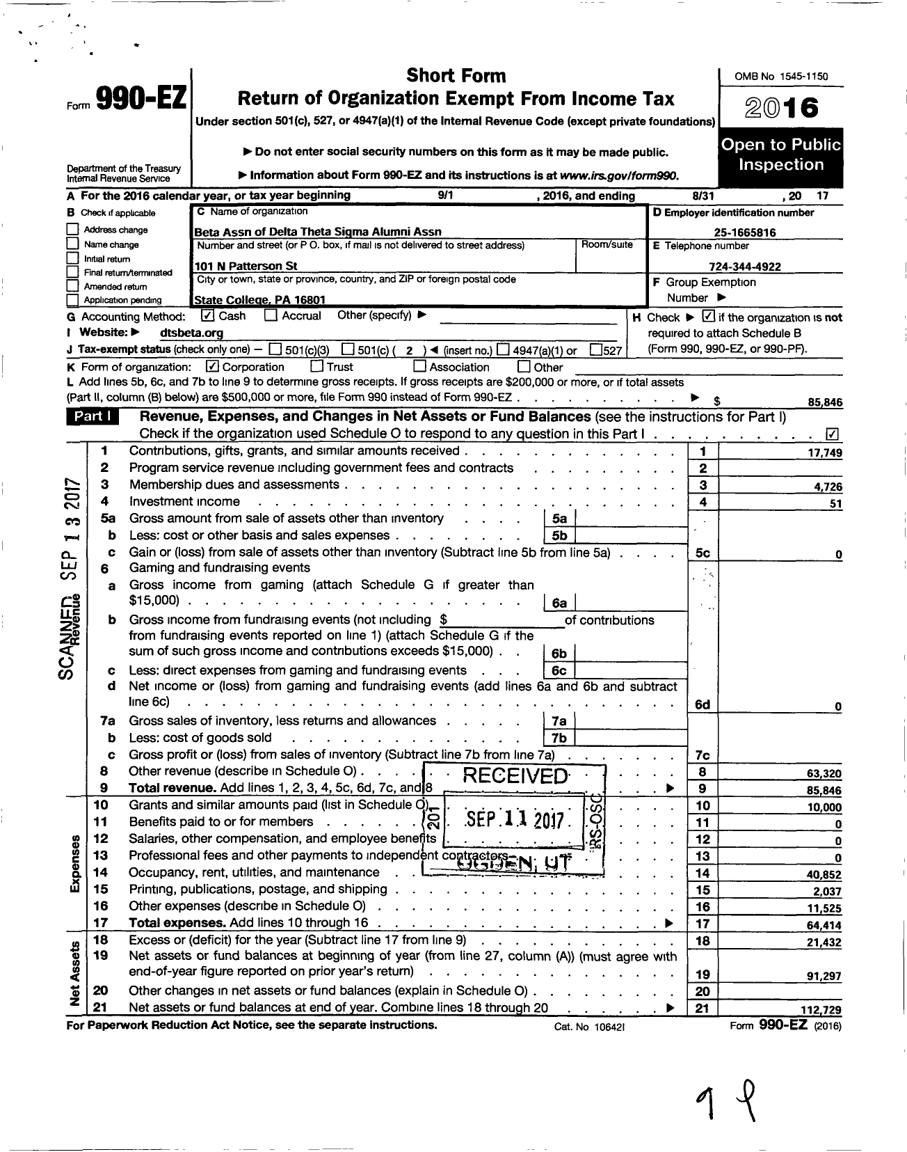 Image of first page of 2016 Form 990EO for Beta Association of Delta Theta Sigma Fraternity