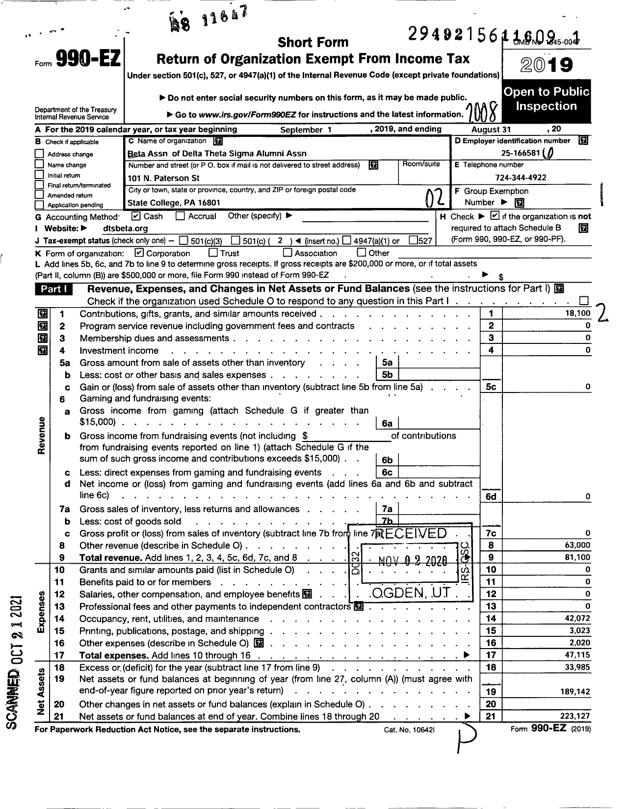 Image of first page of 2019 Form 990EO for Beta Association of Delta Theta Sigma Fraternity