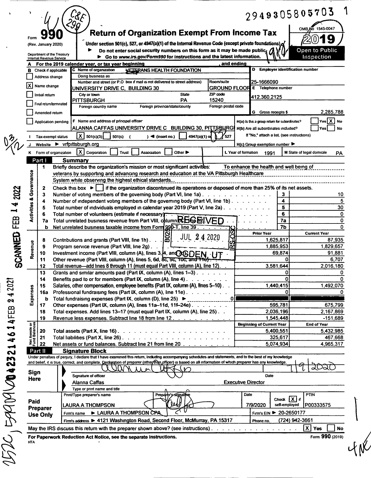 Image of first page of 2019 Form 990 for Veterans Health Foundation