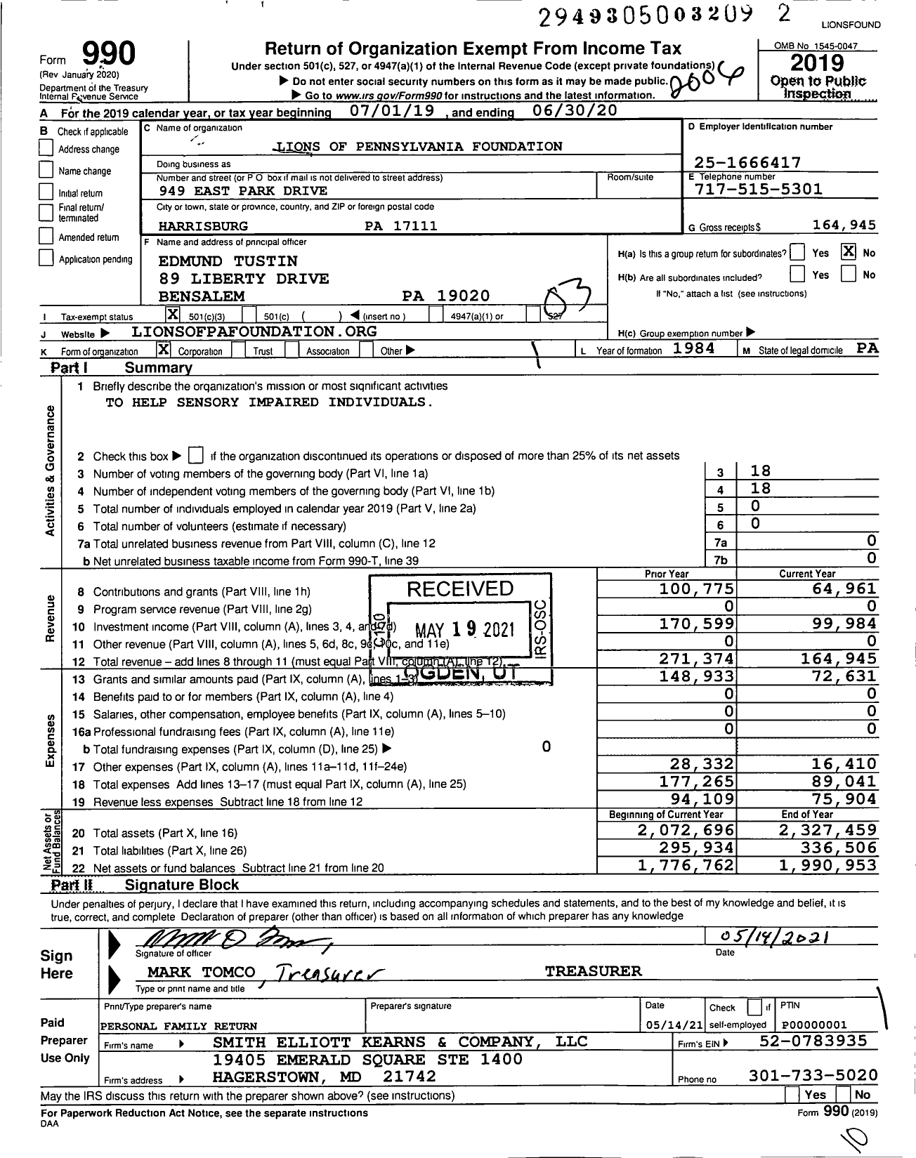 Image of first page of 2019 Form 990 for Lions of Pennsylvania Foundation