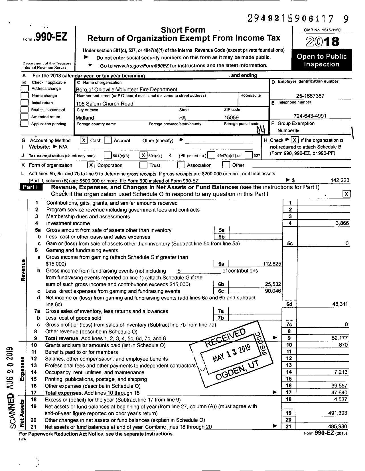 Image of first page of 2018 Form 990EO for Boro of Ohioville-Volunteer Fire Department