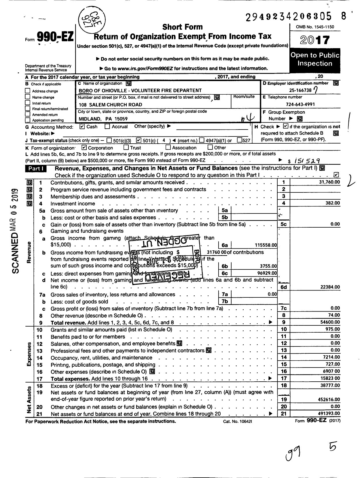 Image of first page of 2017 Form 990EO for Boro of Ohioville-Volunteer Fire Department