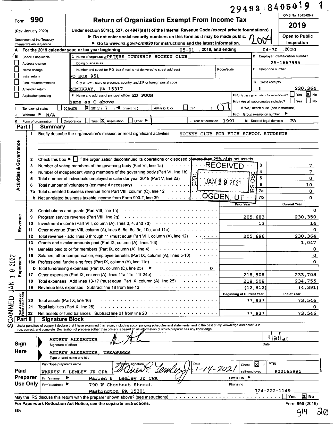 Image of first page of 2019 Form 990O for Peters Township Hockey Club