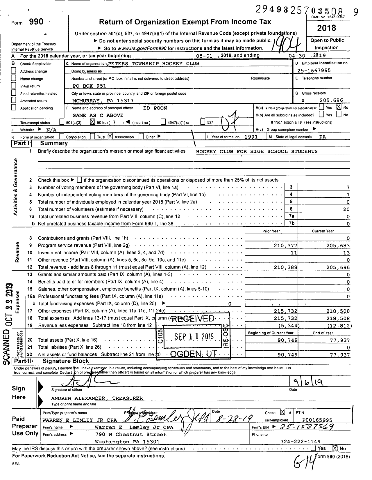 Image of first page of 2018 Form 990O for Peters Township Hockey Club