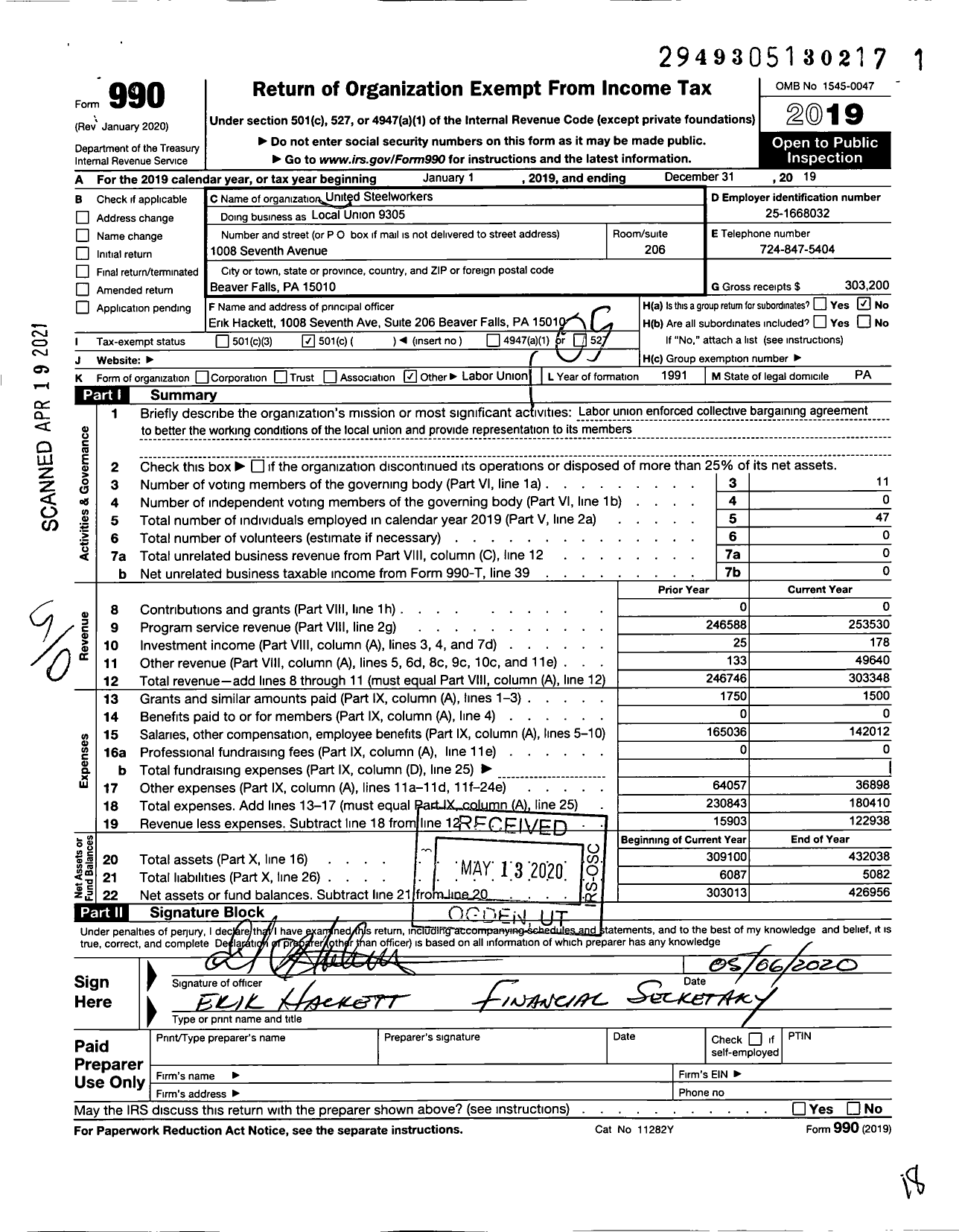 Image of first page of 2019 Form 990O for United Steelworkers - USW Local 09305