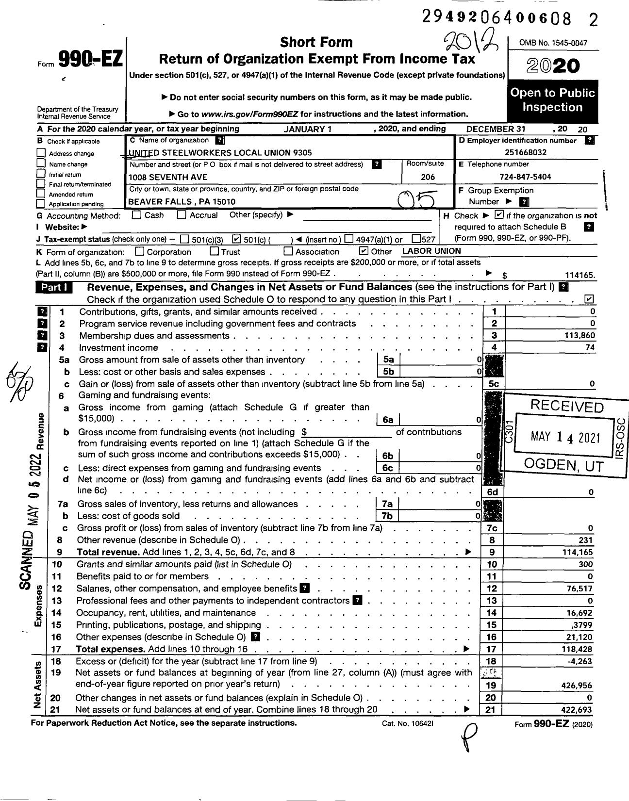 Image of first page of 2020 Form 990EO for United Steelworkers - USW Local 09305