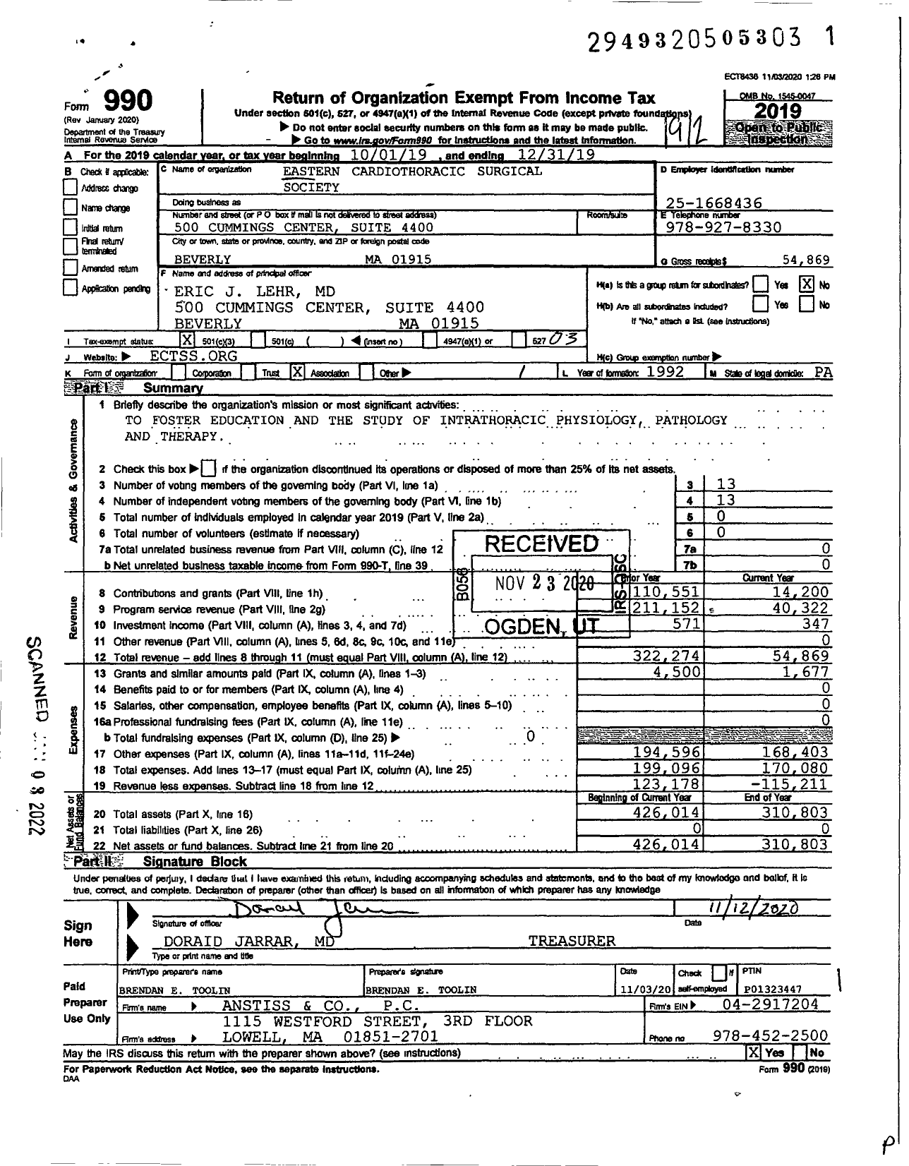 Image of first page of 2019 Form 990 for Eastern Cardiothoracic Surgical Society