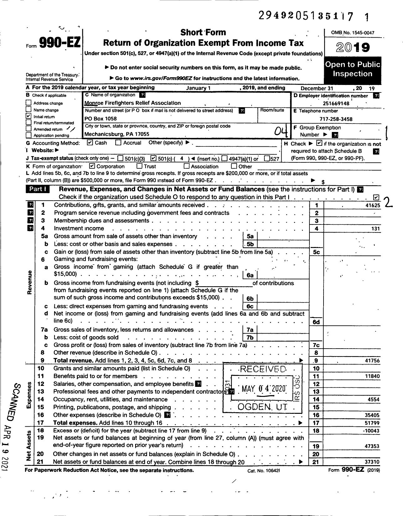 Image of first page of 2019 Form 990EO for Monroe Firemens Relief Association