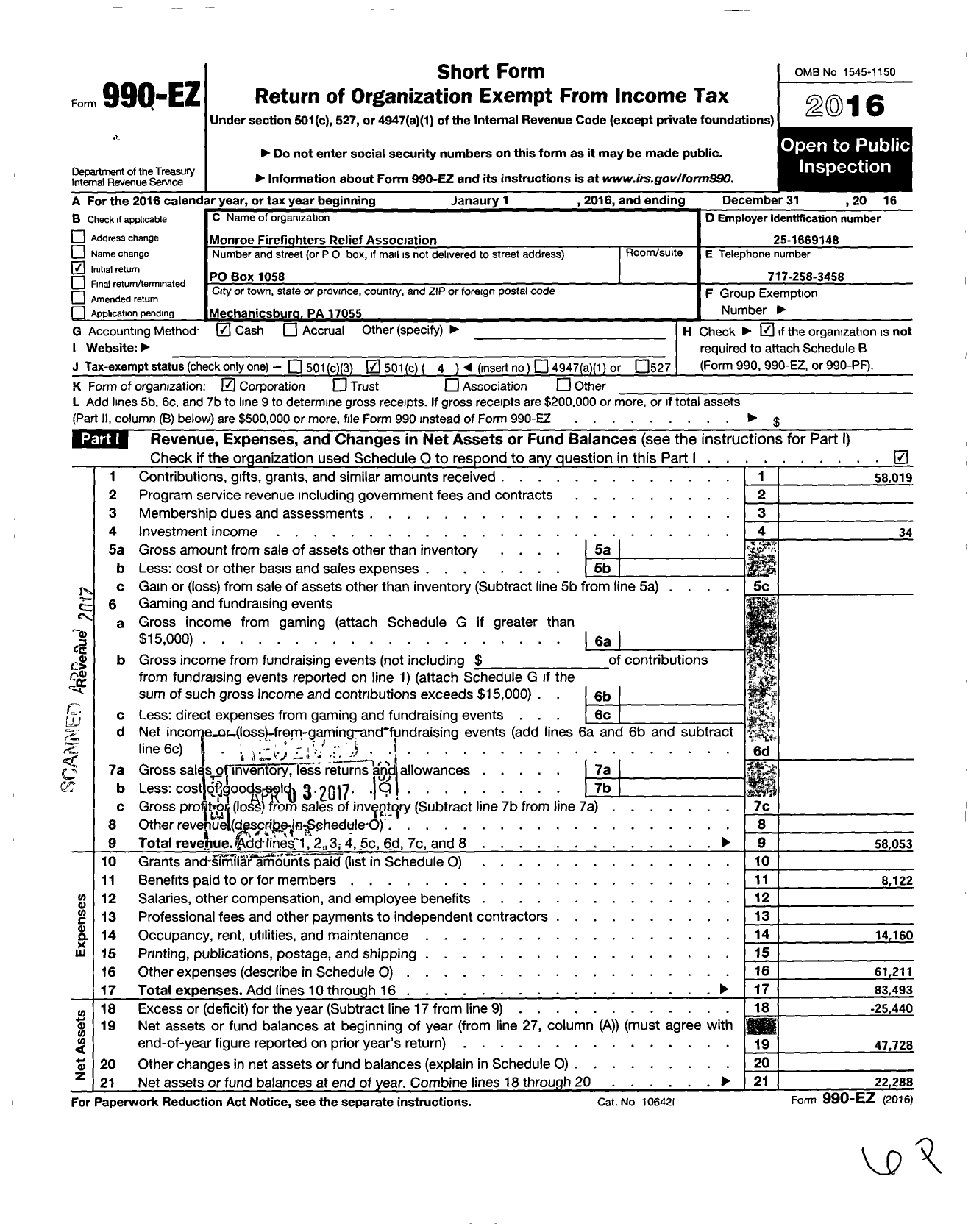 Image of first page of 2016 Form 990EO for Monroe Firemens Relief Association