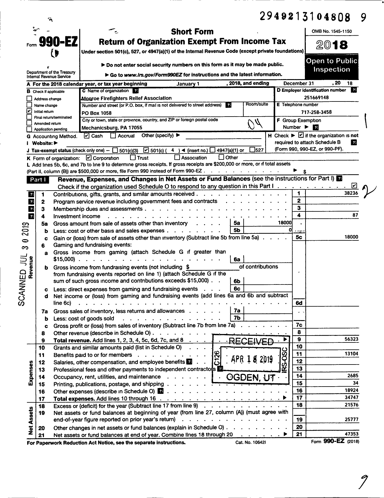 Image of first page of 2018 Form 990EO for Monroe Firemens Relief Association