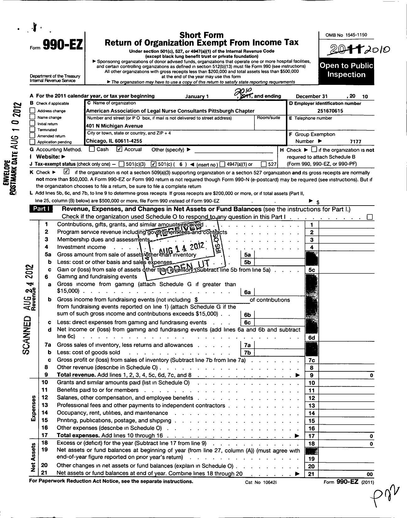 Image of first page of 2010 Form 990EO for American Association of Legal Nurse Consultants / Pittsburg Chapter