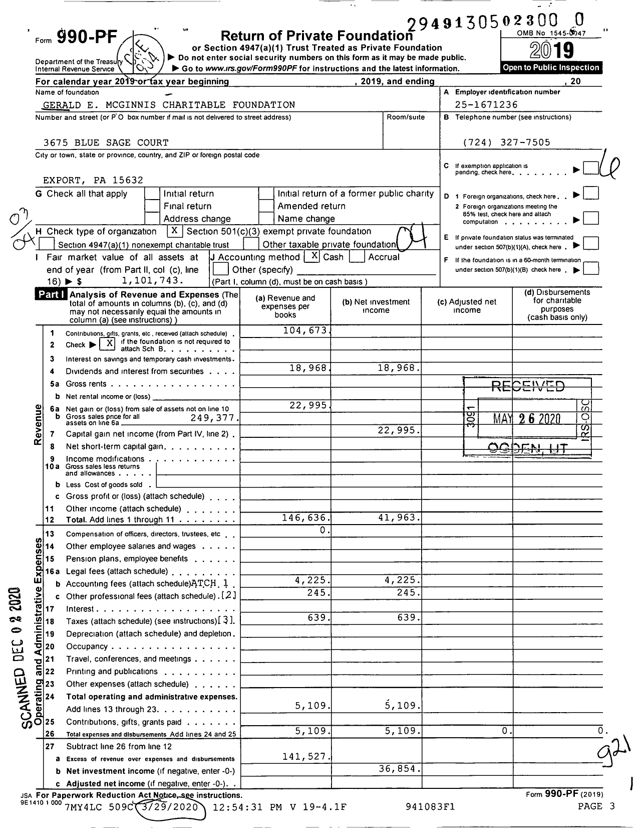 Image of first page of 2019 Form 990PF for Gerald E Mcginnis Charitable Foundation