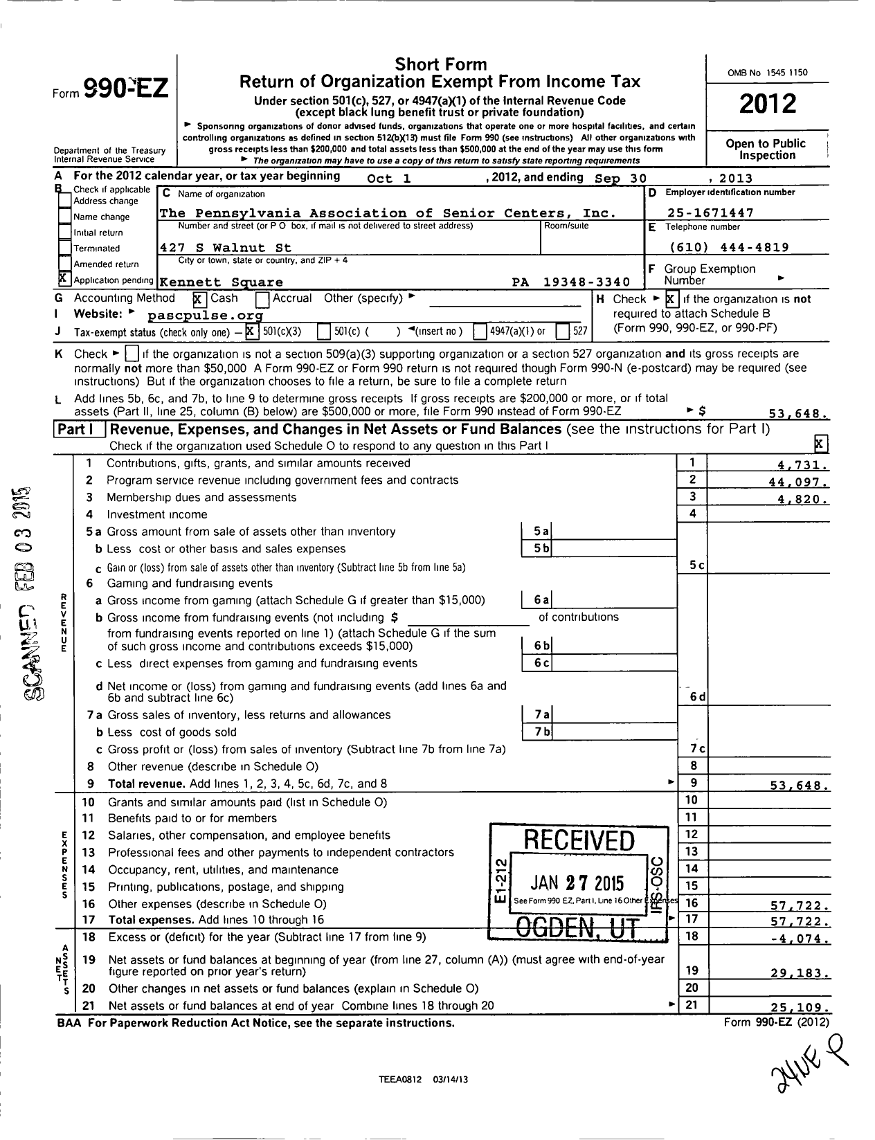 Image of first page of 2012 Form 990EZ for The Pennsylvania Association of Senior Centers