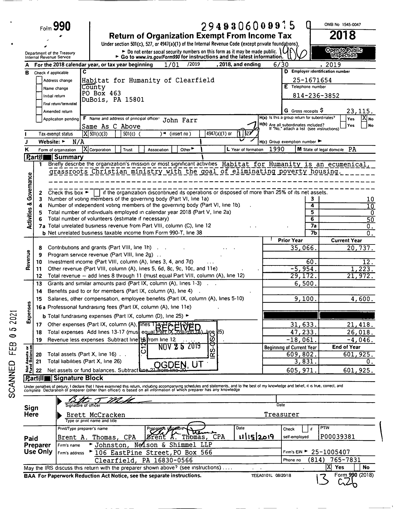 Image of first page of 2018 Form 990 for Habitat for Humanity - Clearfield County HFH