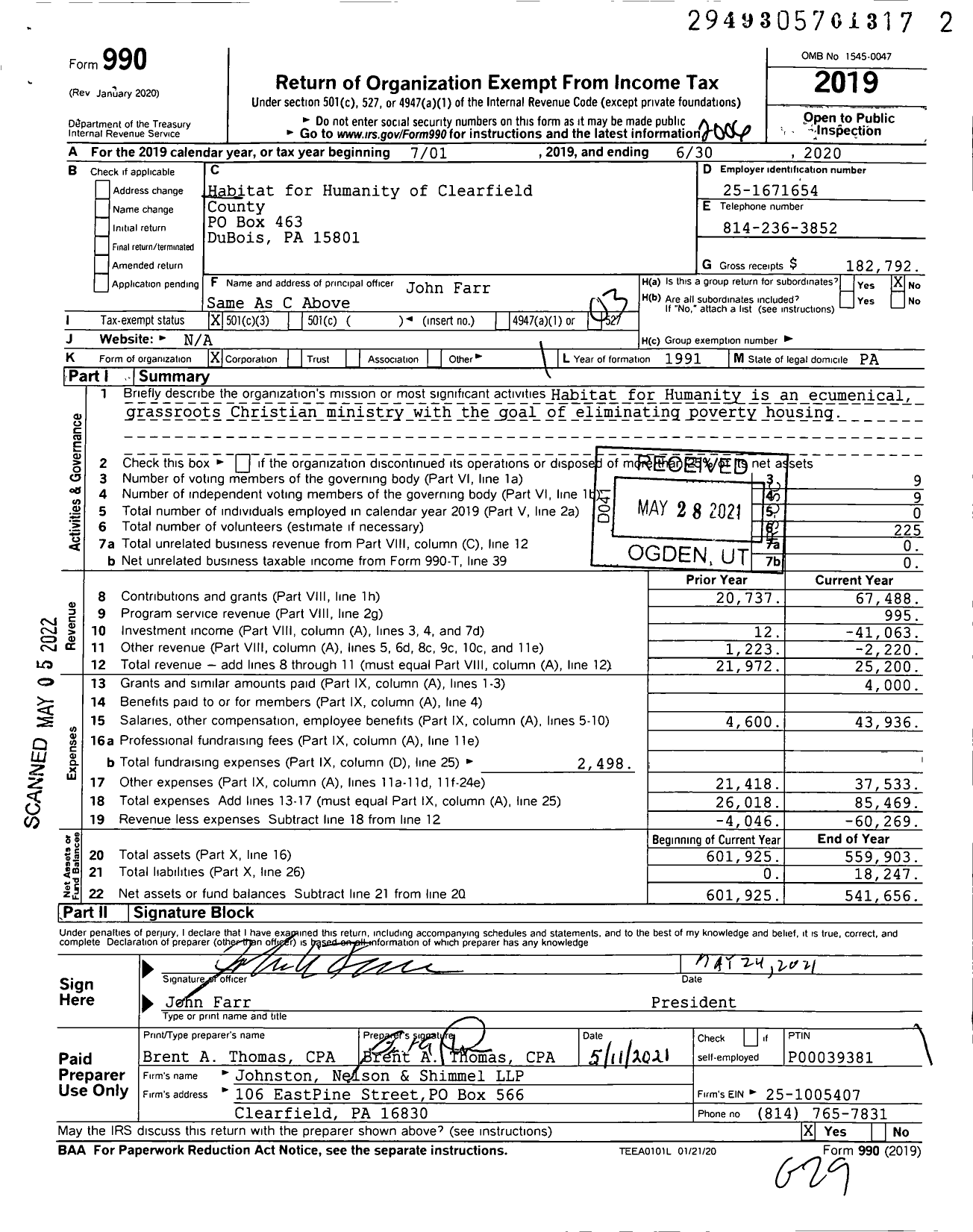 Image of first page of 2019 Form 990 for Habitat for Humanity - Clearfield County HFH