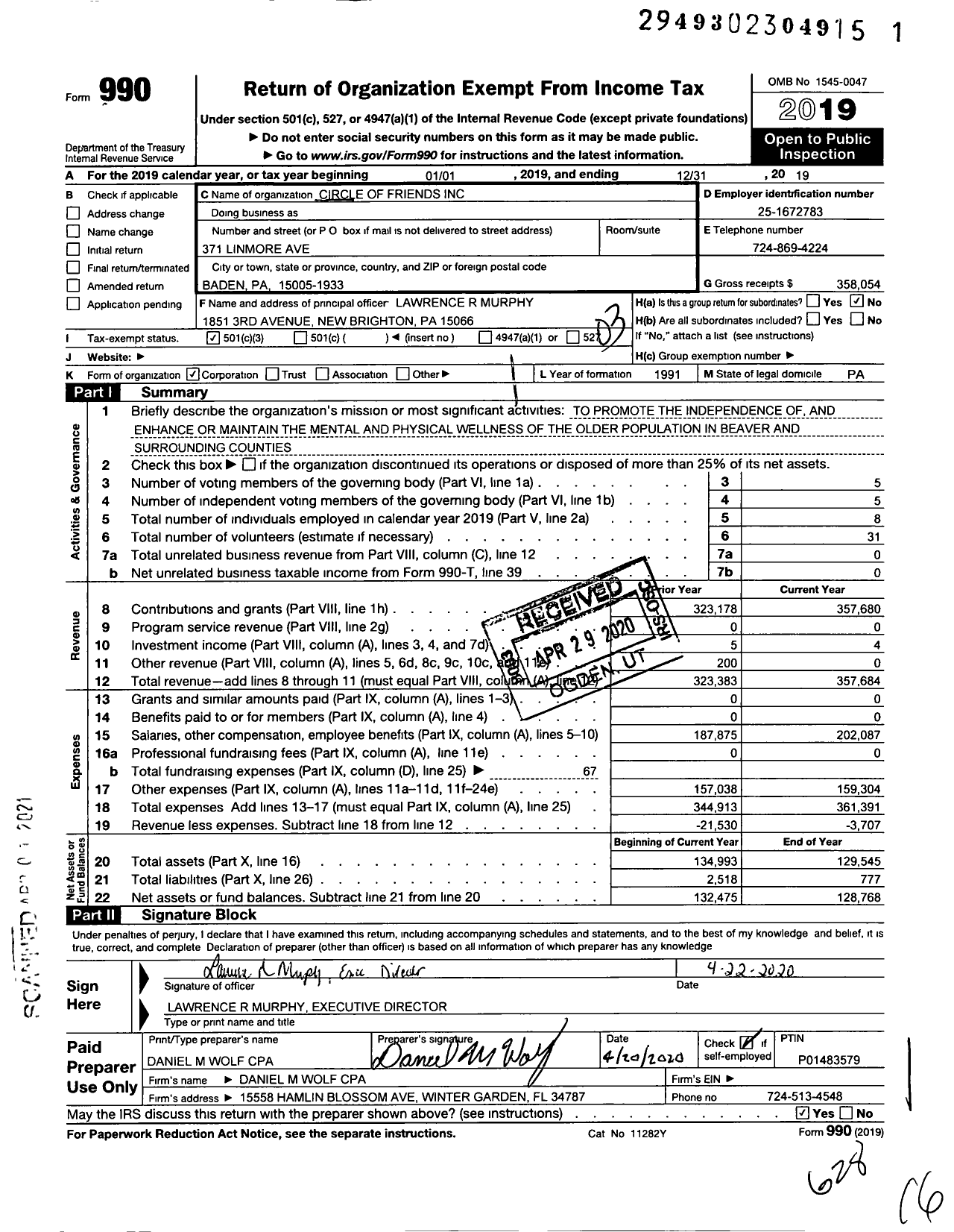 Image of first page of 2019 Form 990 for Circle of Friends