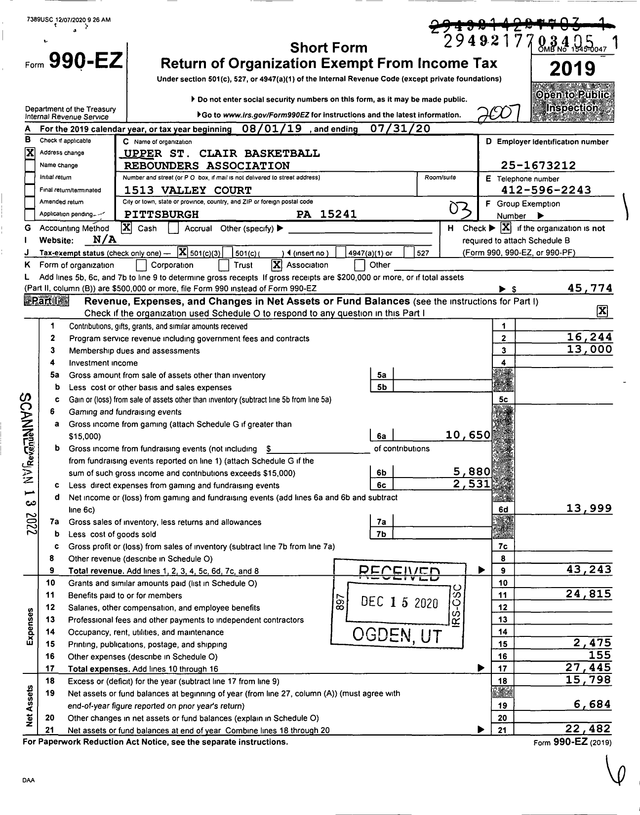 Image of first page of 2019 Form 990EZ for Upper St Clair Basketball Rebounders Association