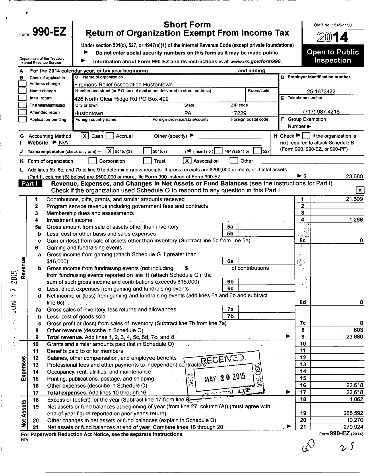 Image of first page of 2014 Form 990EZ for Firemans Relief Association Hustontown