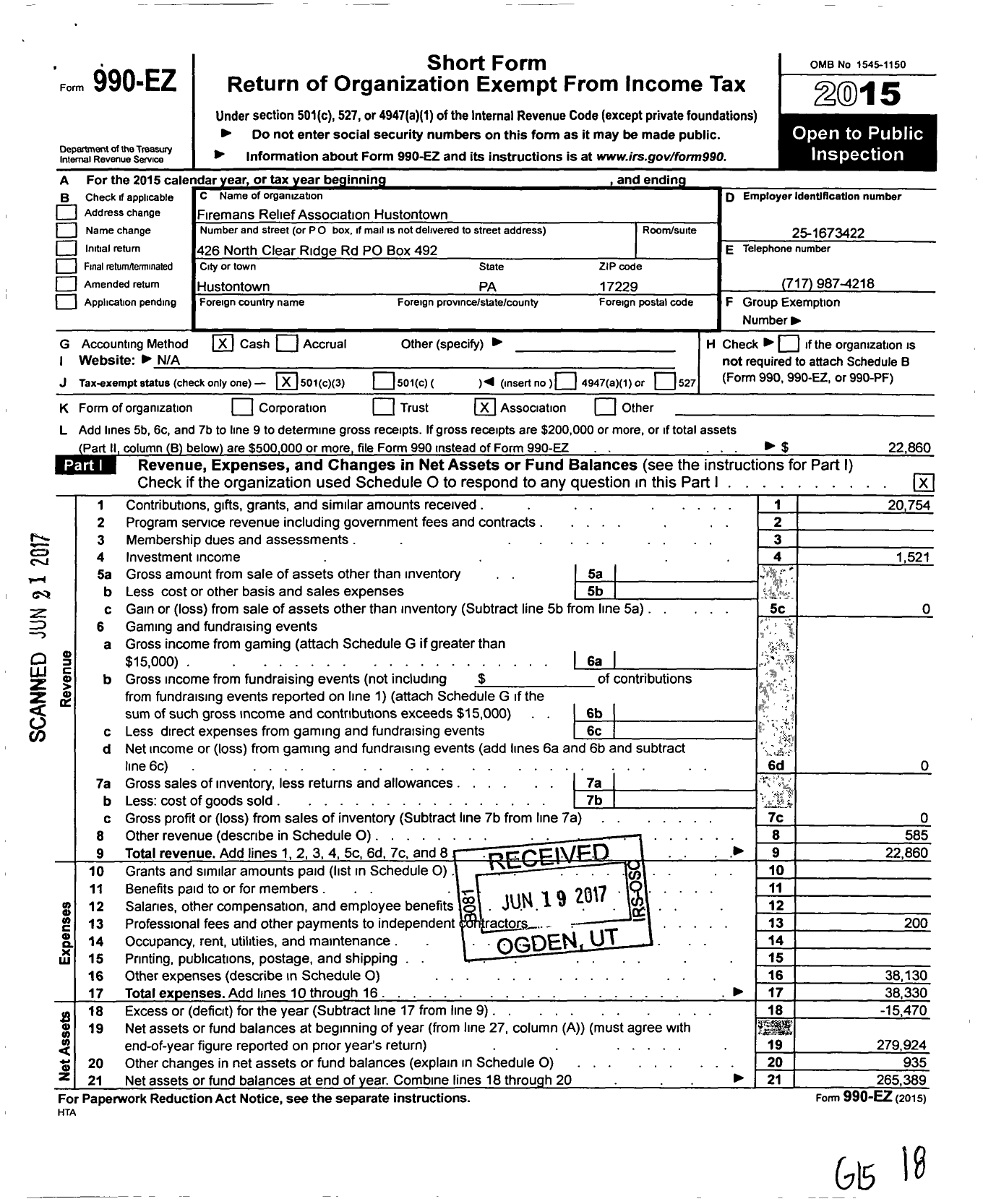 Image of first page of 2015 Form 990EZ for Firemans Relief Association Hustontown