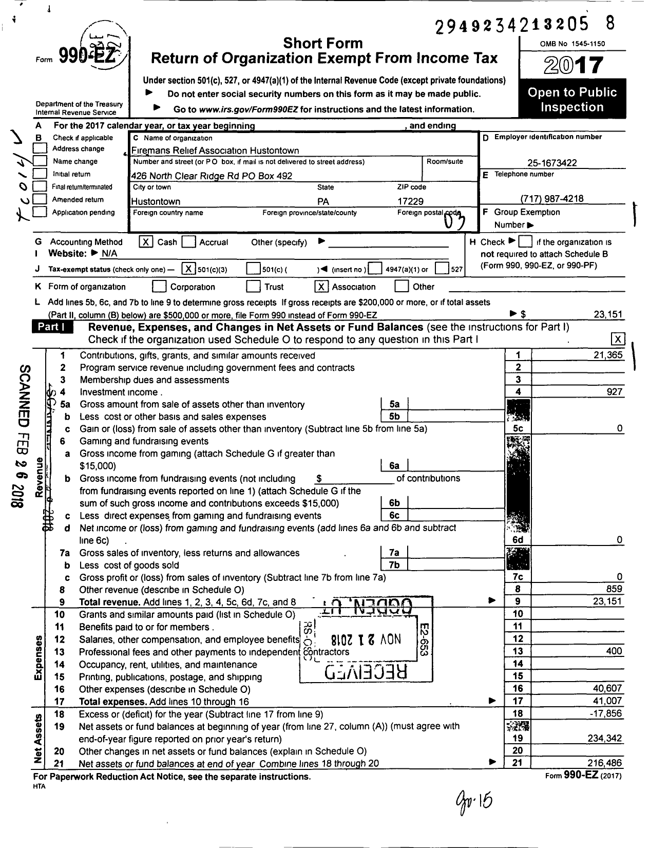 Image of first page of 2017 Form 990EZ for Firemans Relief Association Hustontown