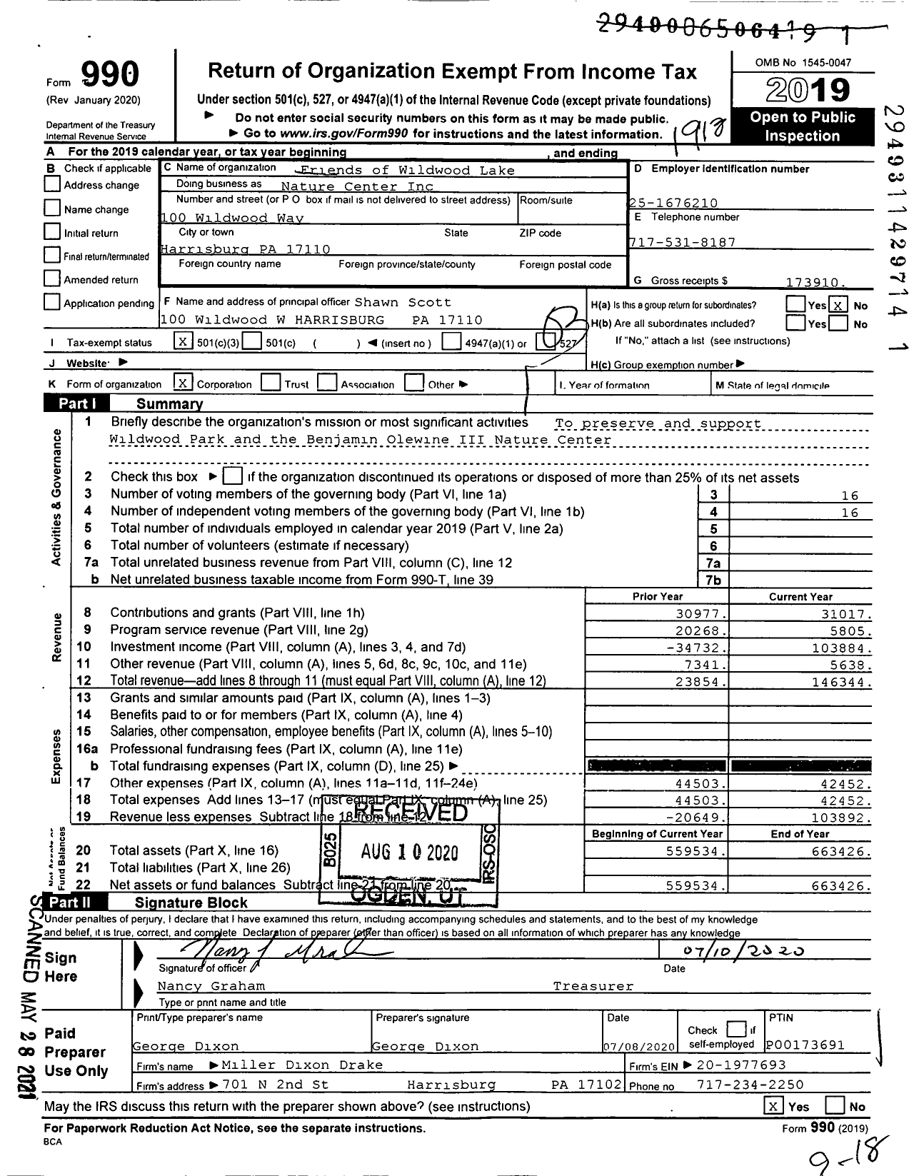 Image of first page of 2019 Form 990 for Friends of Wildwood Lake Nature Center