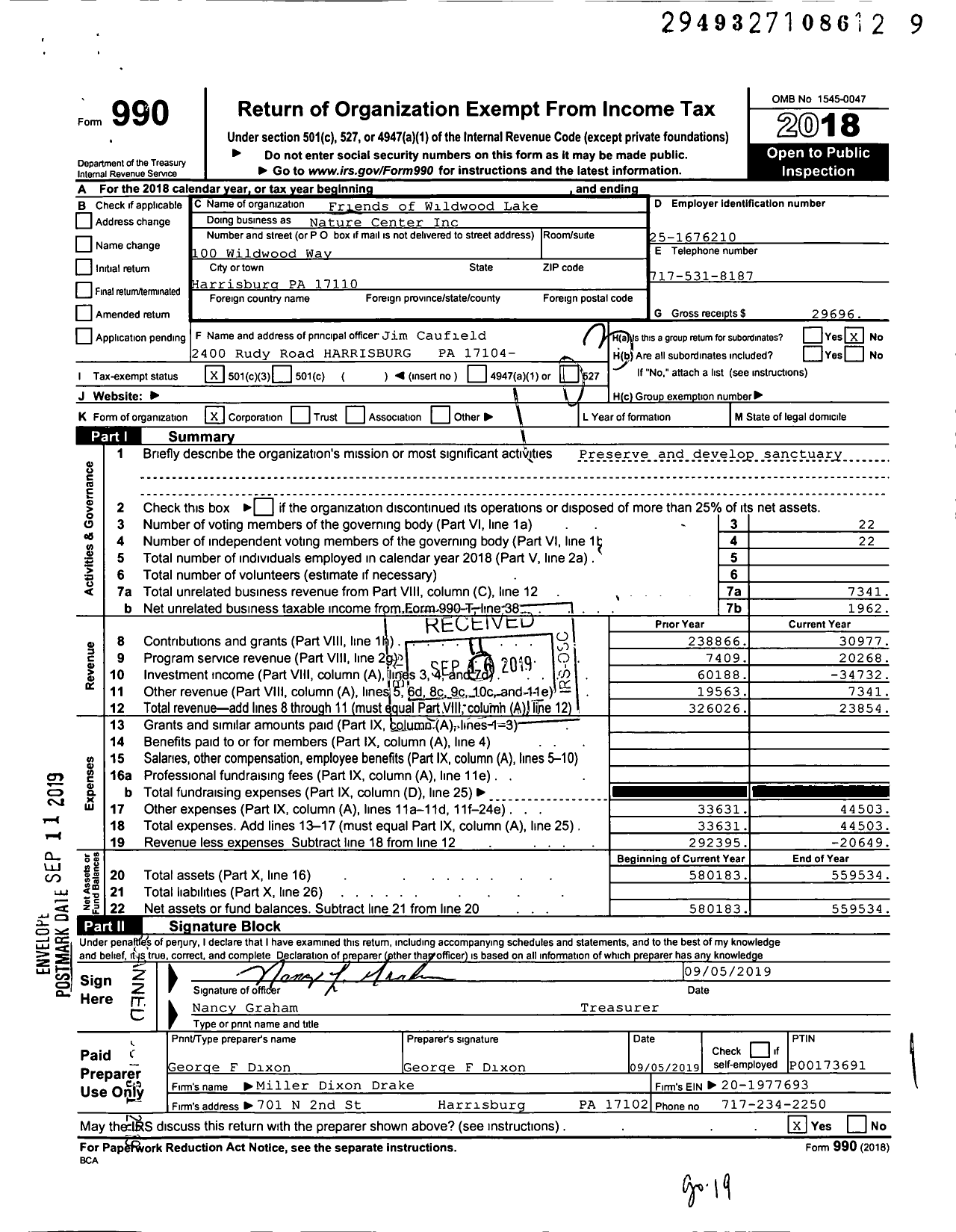 Image of first page of 2018 Form 990 for Friends of Wildwood Lake Nature Center