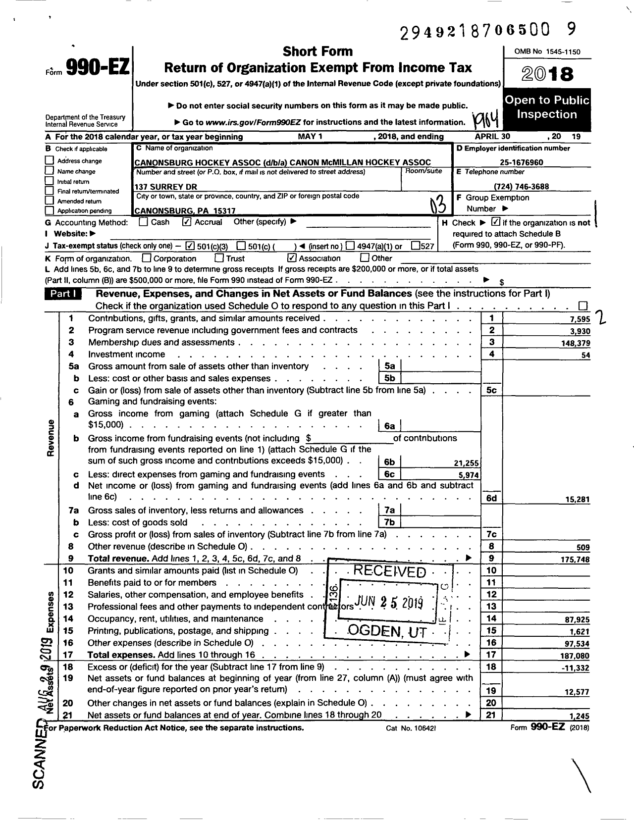 Image of first page of 2018 Form 990EZ for Canonsburg Hockey Association