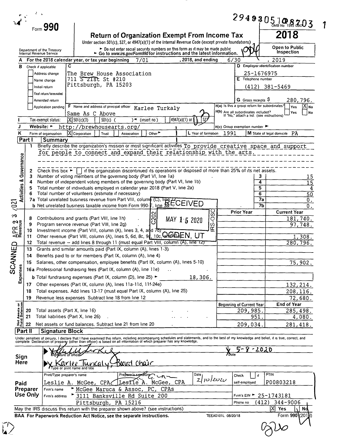 Image of first page of 2018 Form 990 for Brew House Arts