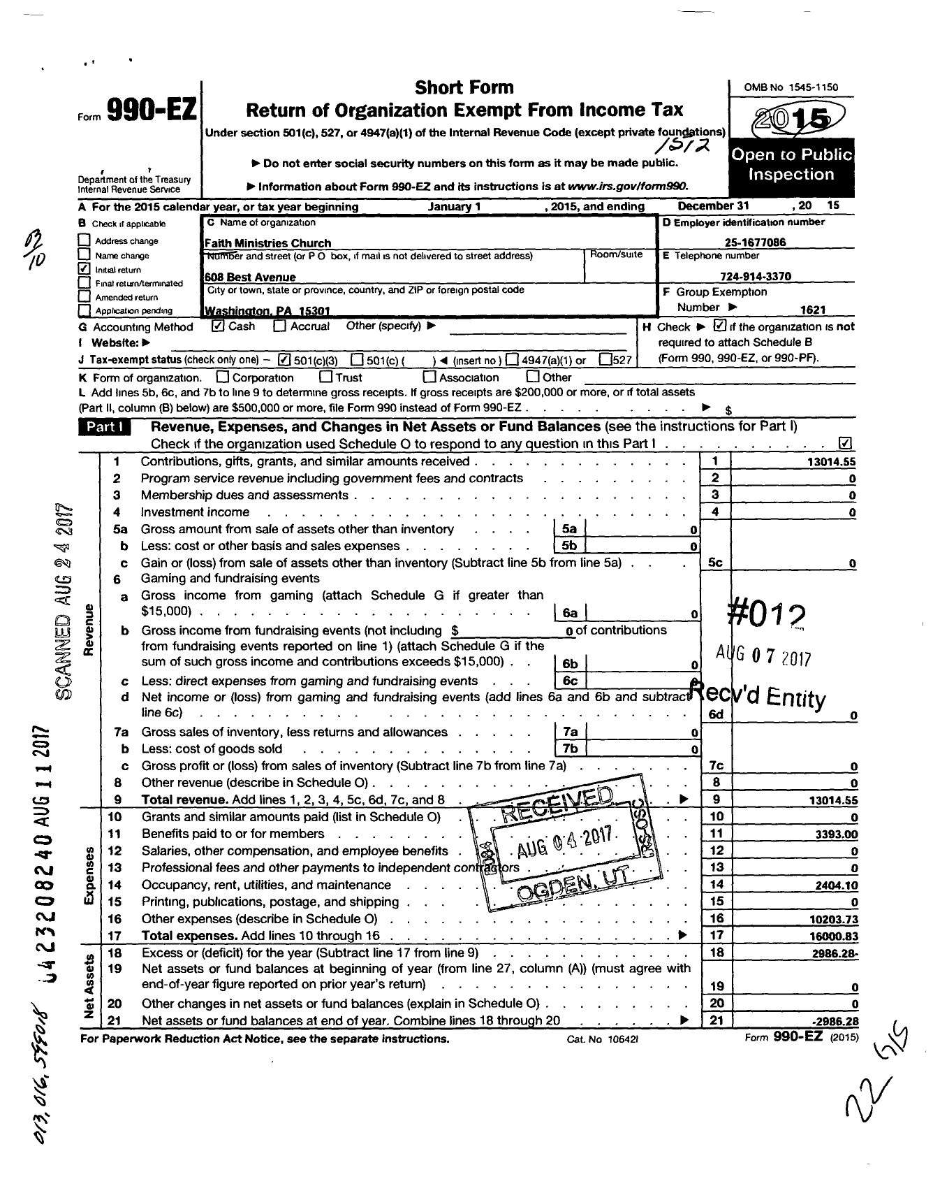 Image of first page of 2015 Form 990EZ for Faith Ministries Church