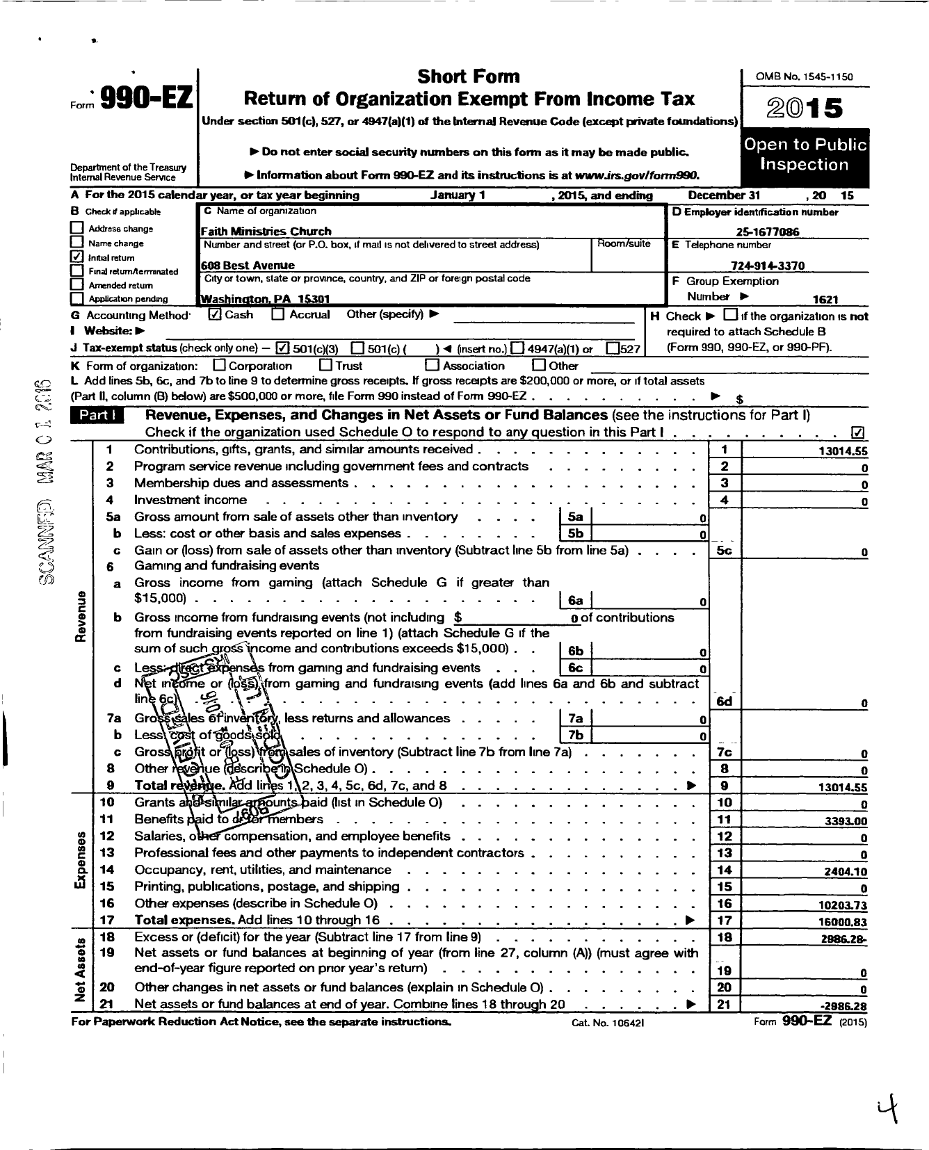 Image of first page of 2015 Form 990EZ for Faith Ministries Church