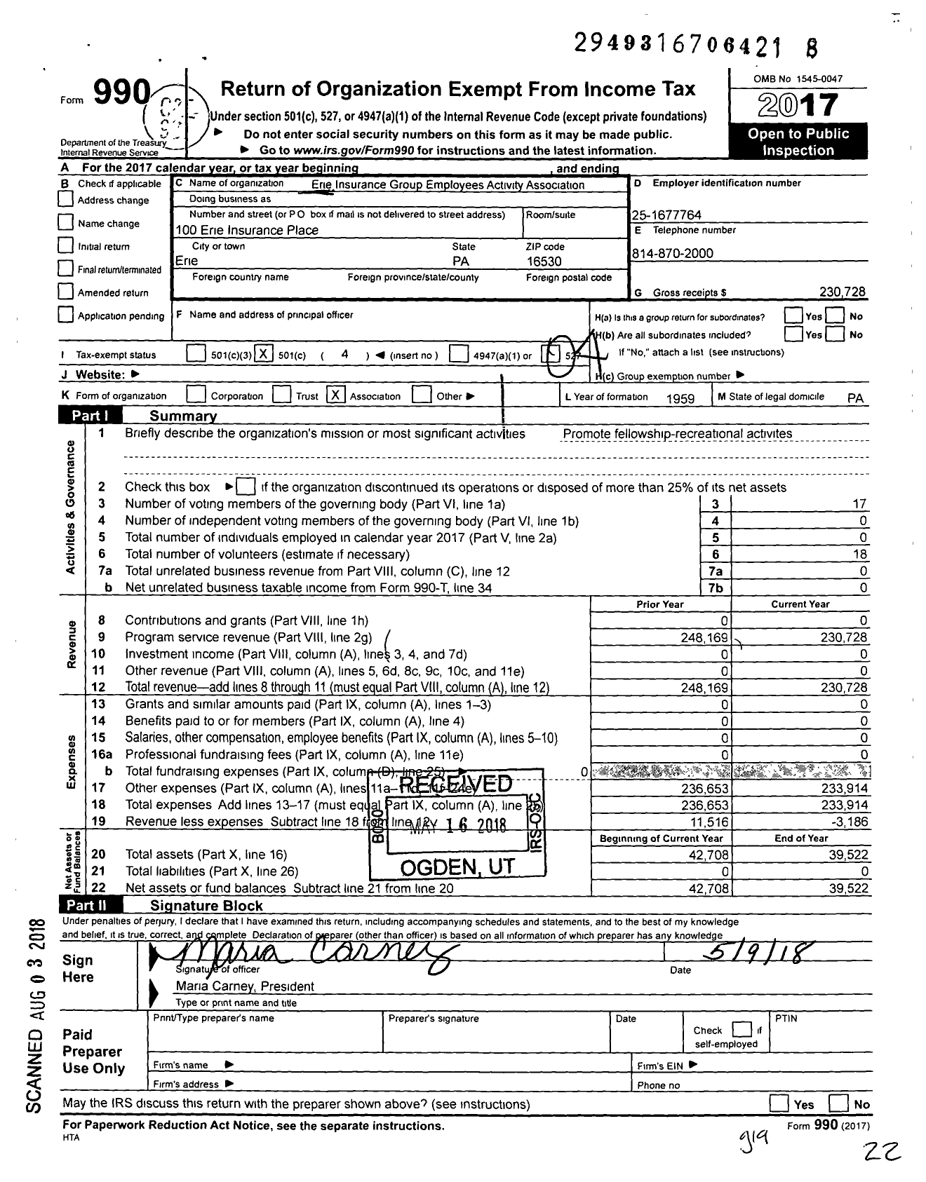 Image of first page of 2017 Form 990O for Erie Insurance Group Employees Activities Association