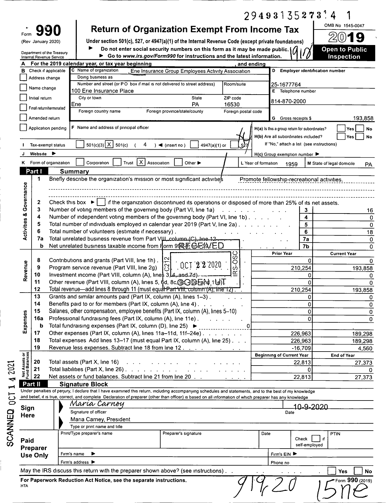 Image of first page of 2019 Form 990O for Erie Insurance Group Employees Activities Association