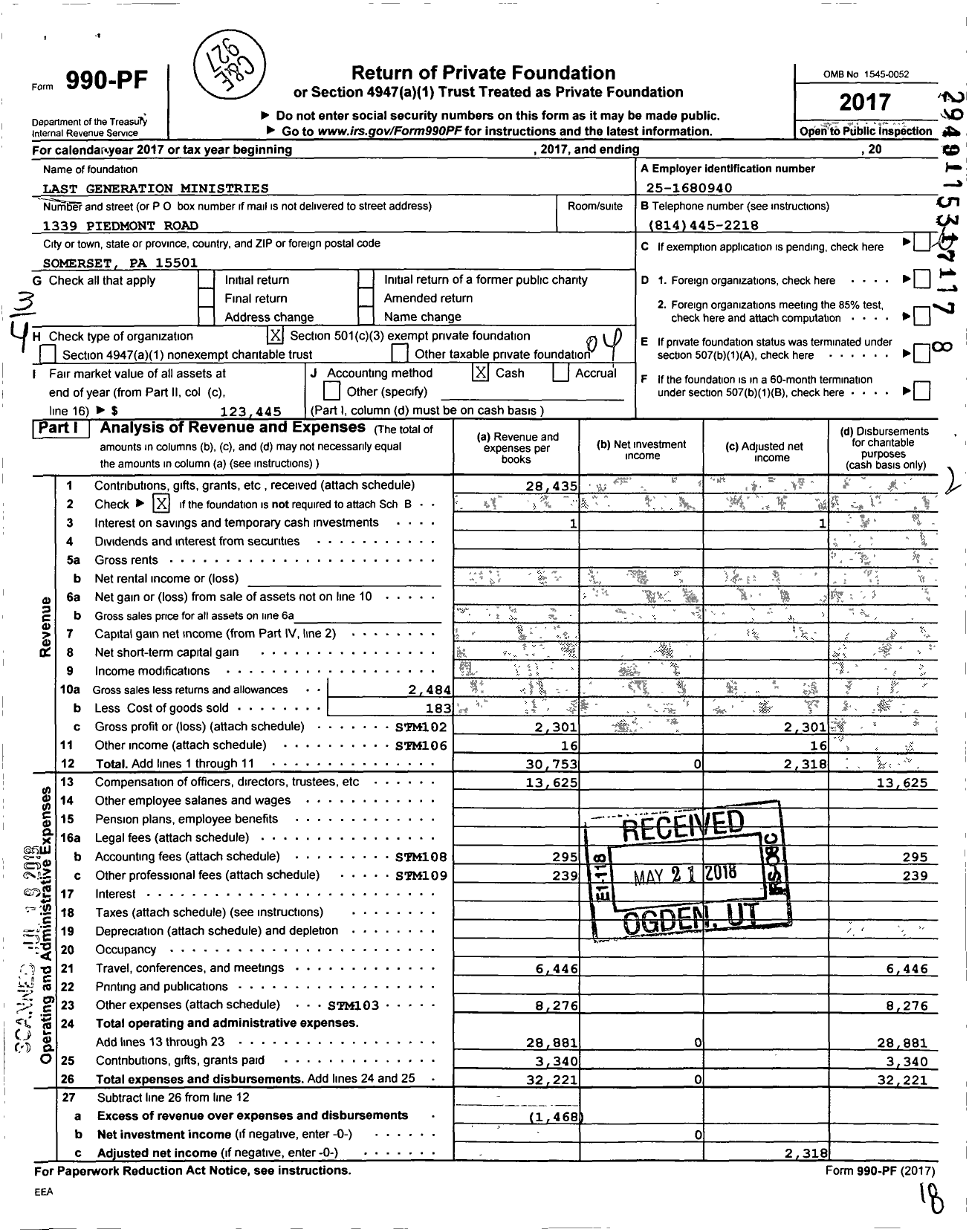 Image of first page of 2017 Form 990PF for Last Generation Ministries