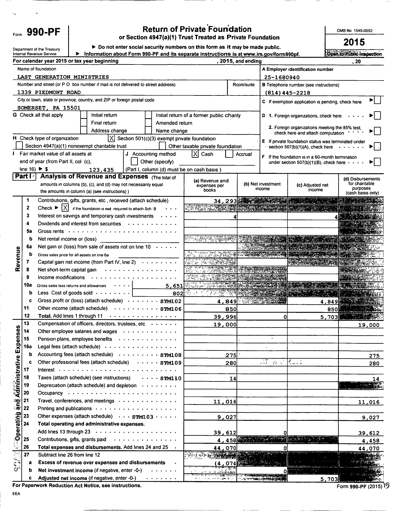 Image of first page of 2015 Form 990PF for Last Generation Ministries
