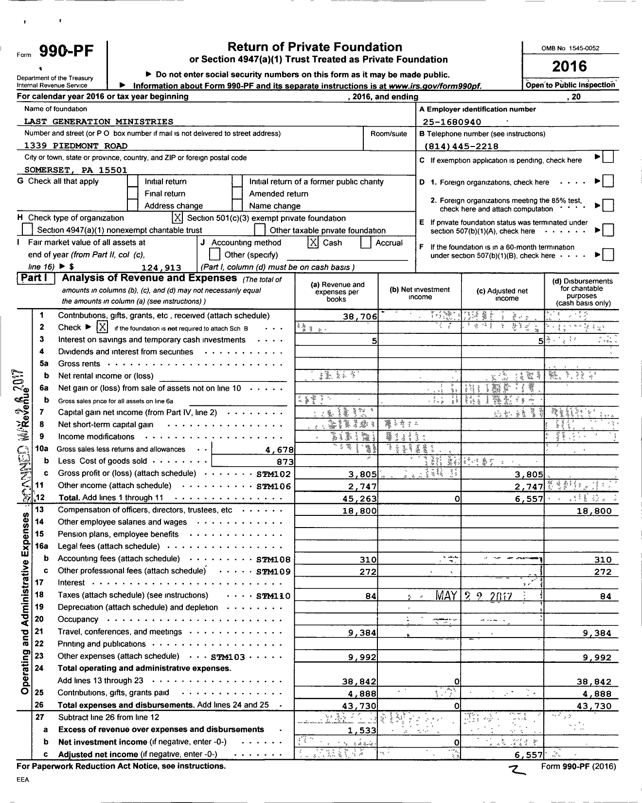 Image of first page of 2016 Form 990PF for Last Generation Ministries