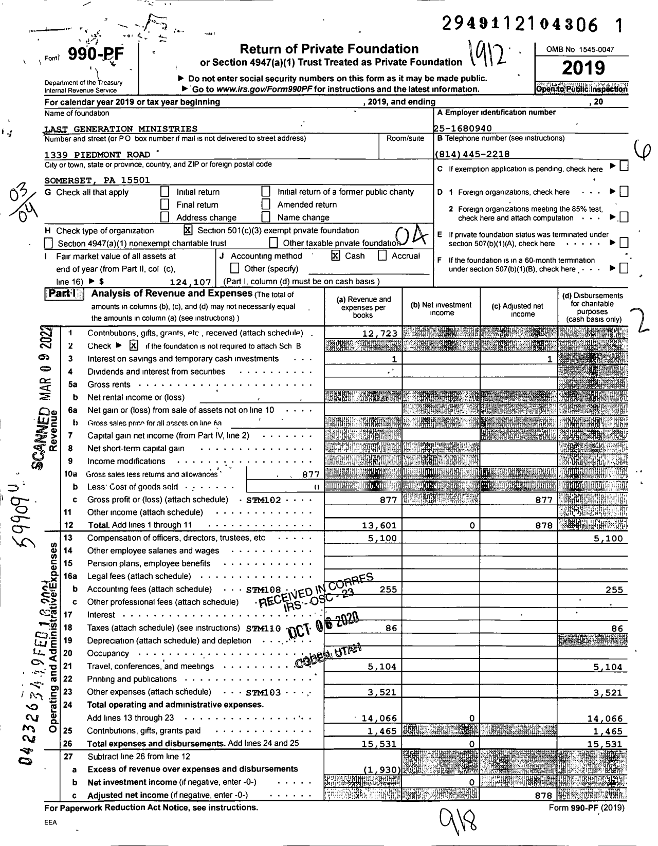 Image of first page of 2019 Form 990PF for Last Generation Ministries