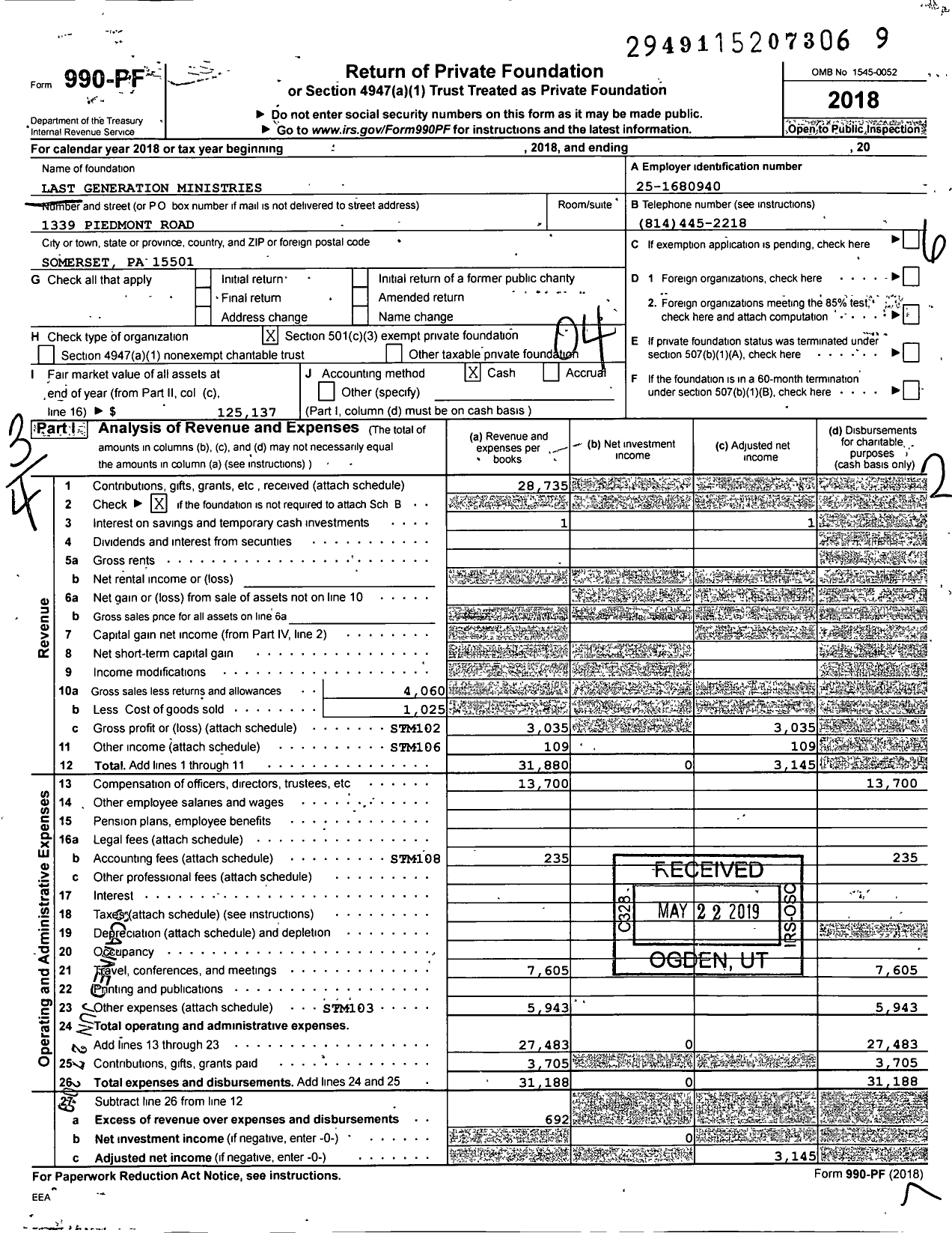 Image of first page of 2018 Form 990PF for Last Generation Ministries