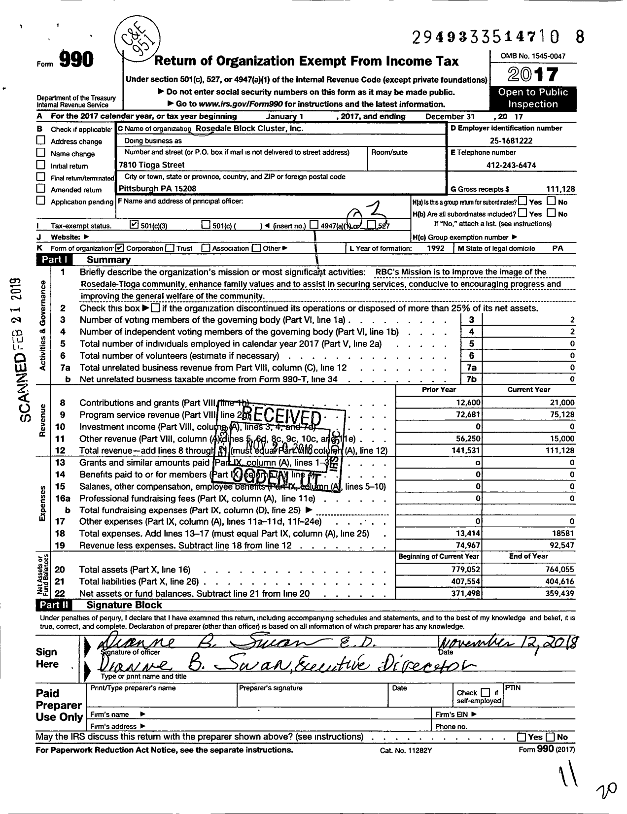 Image of first page of 2017 Form 990 for Rosedale Block Cluster