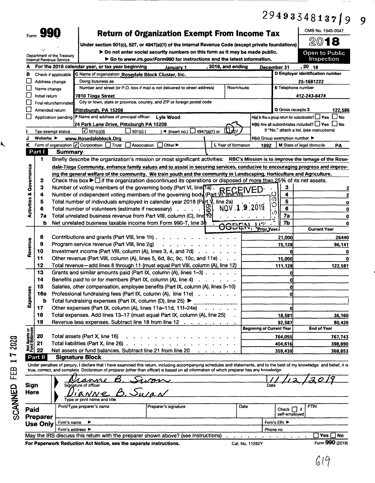 Image of first page of 2018 Form 990 for Rosedale Block Cluster