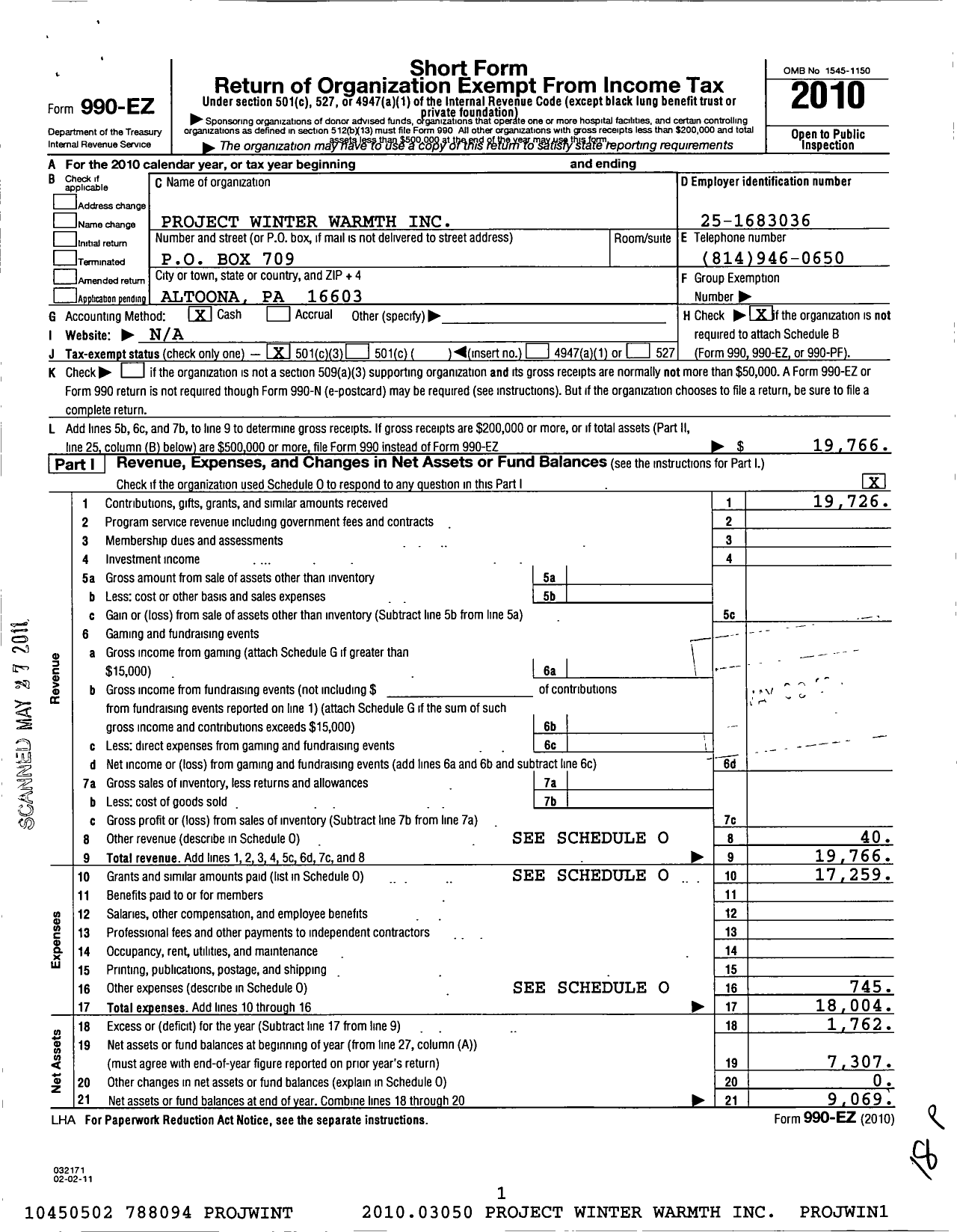 Image of first page of 2010 Form 990EZ for Project Winter Warmth