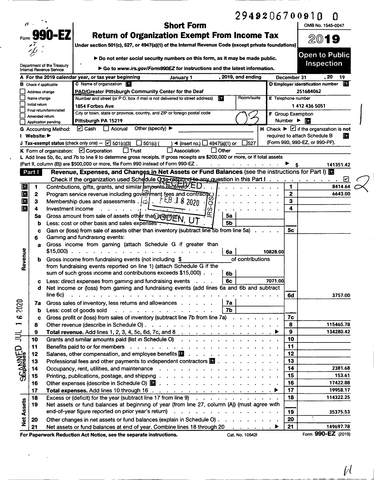 Image of first page of 2019 Form 990EZ for Pad Greater Pittsburgh Community Center for the Deaf