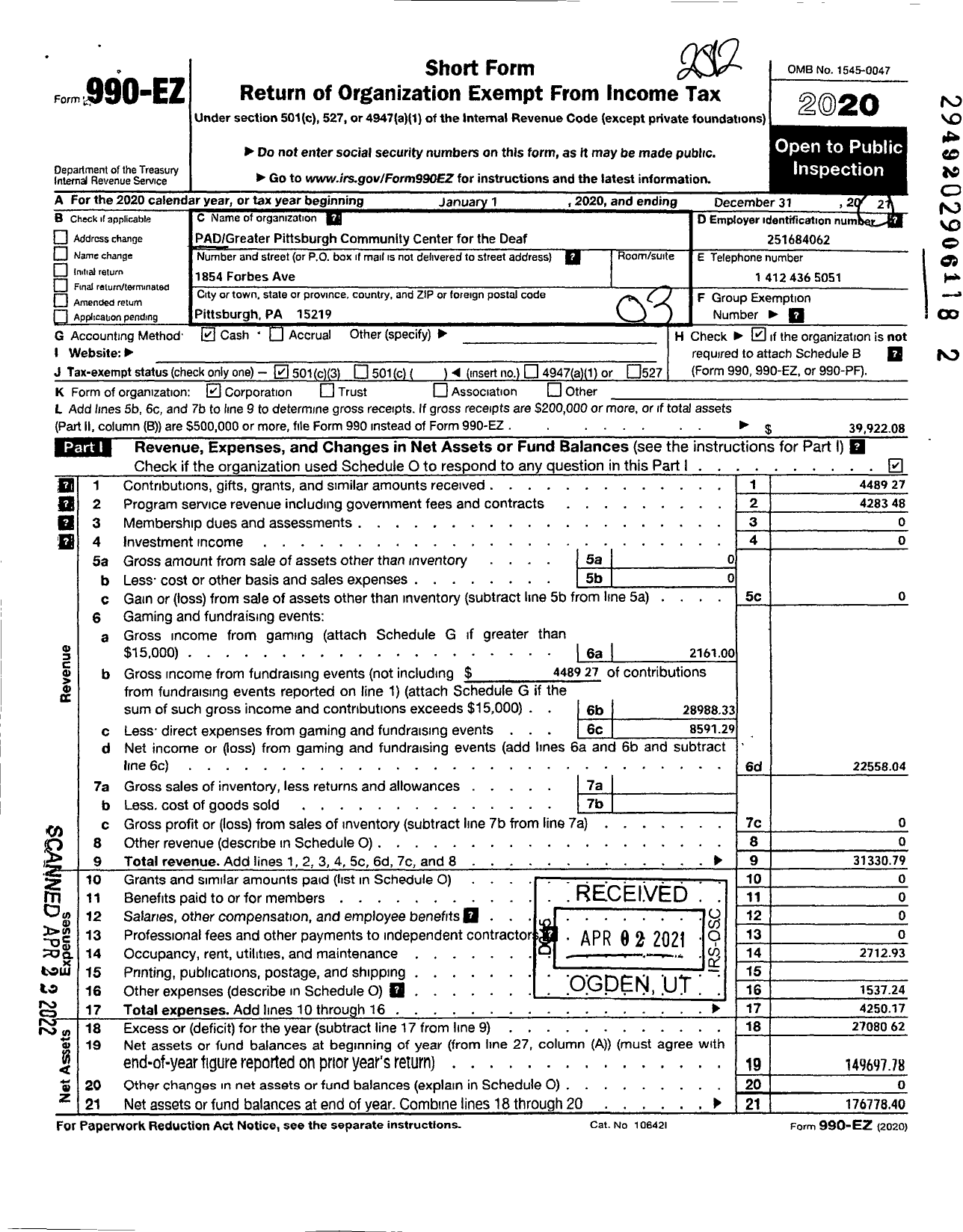 Image of first page of 2020 Form 990EZ for Pad Greater Pittsburgh Community Center for the Deaf