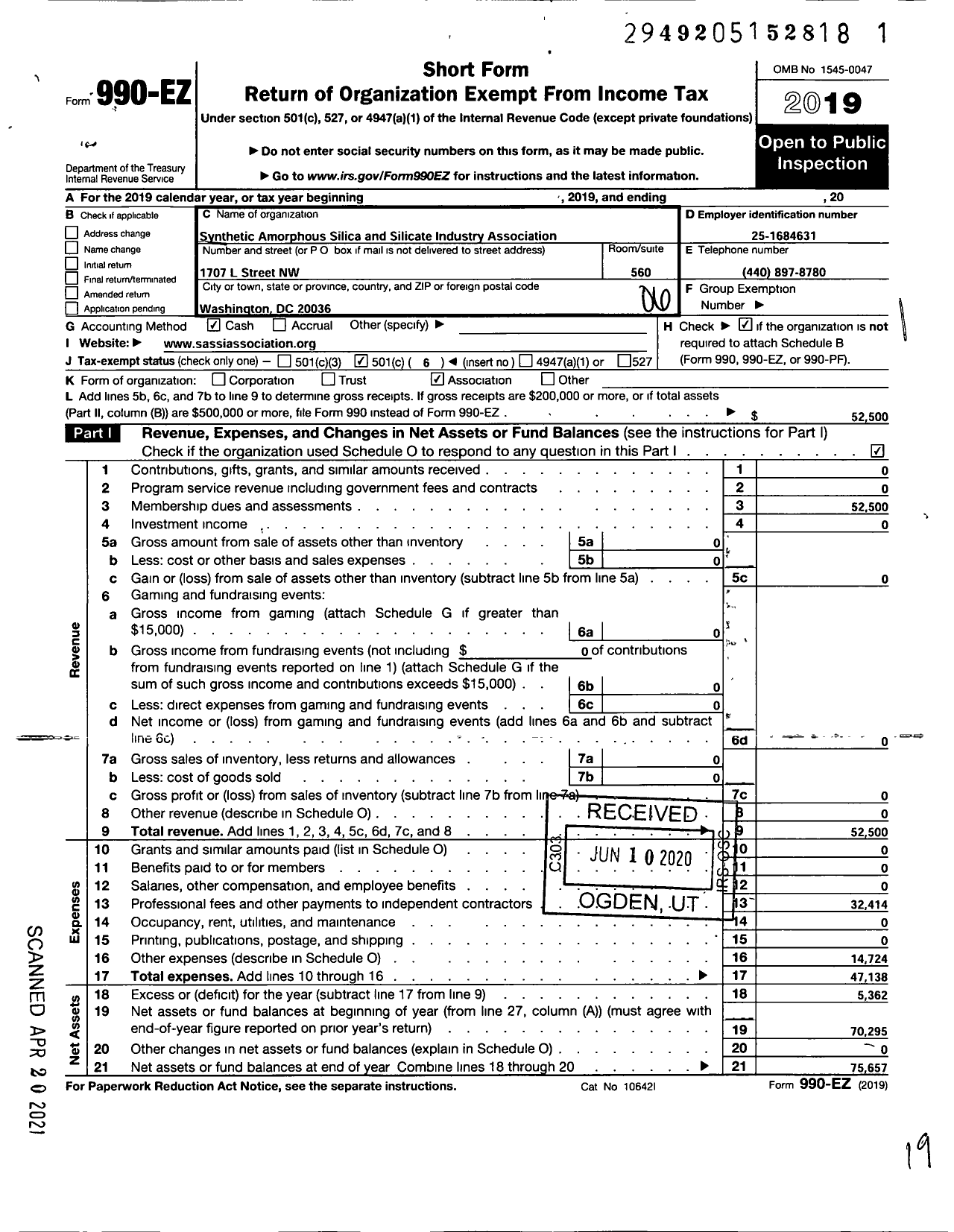 Image of first page of 2019 Form 990EO for Synthetic Amorphous Silica Industry