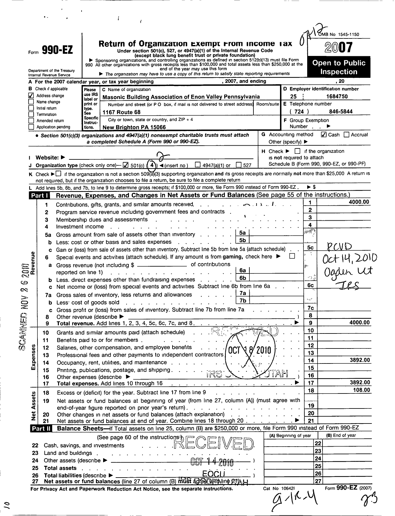 Image of first page of 2007 Form 990EO for Masonic Building Association of Enon Valley Pennsylvania