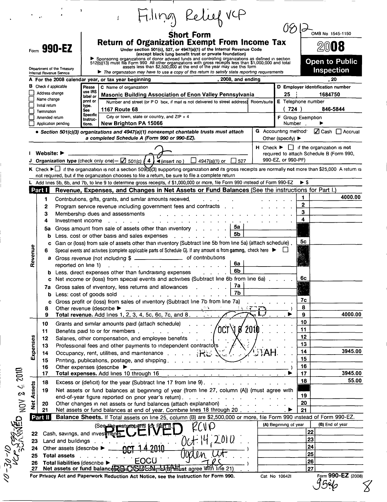 Image of first page of 2008 Form 990EO for Masonic Building Association of Enon Valley Pennsylvania