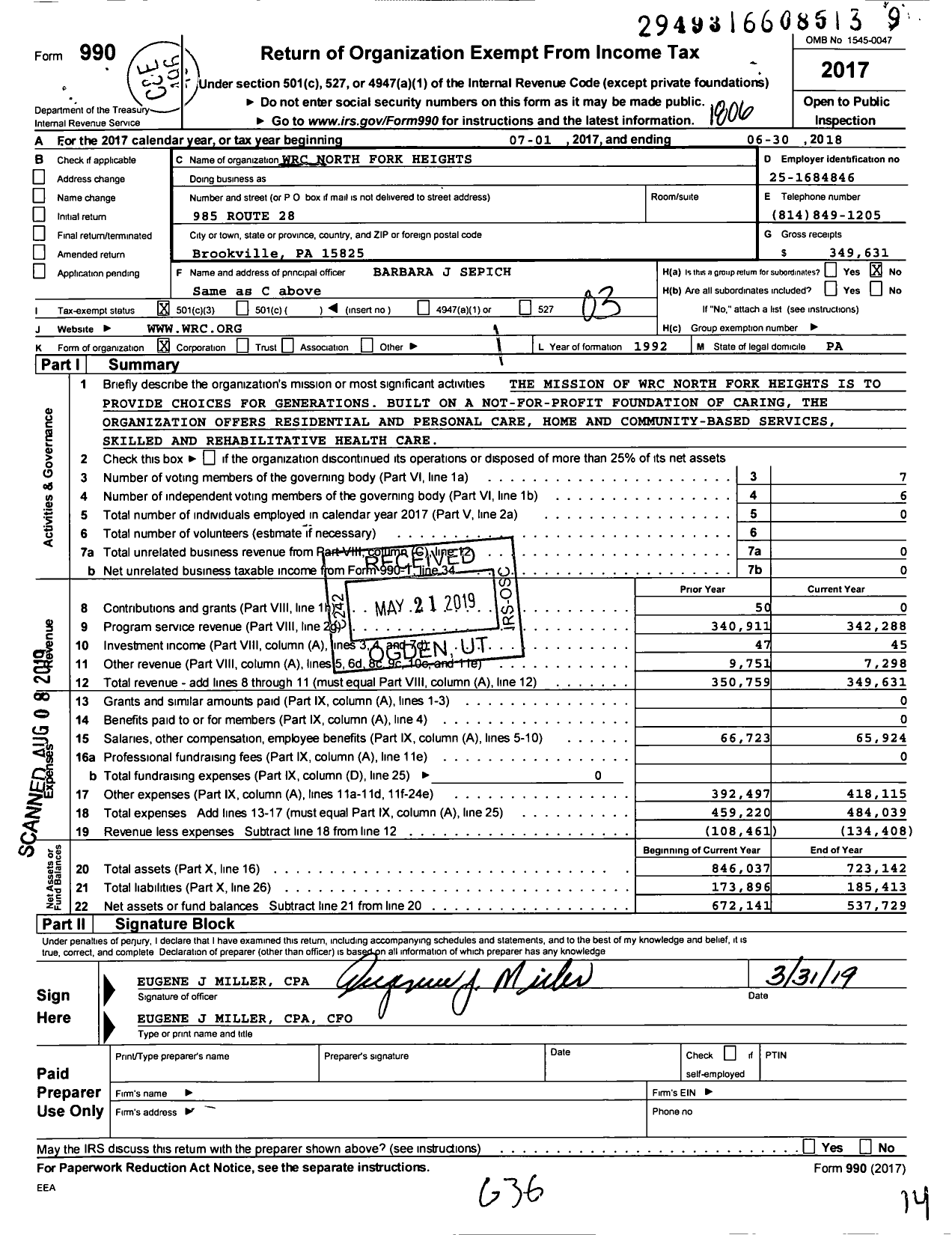 Image of first page of 2017 Form 990 for WRC North Fork Heights