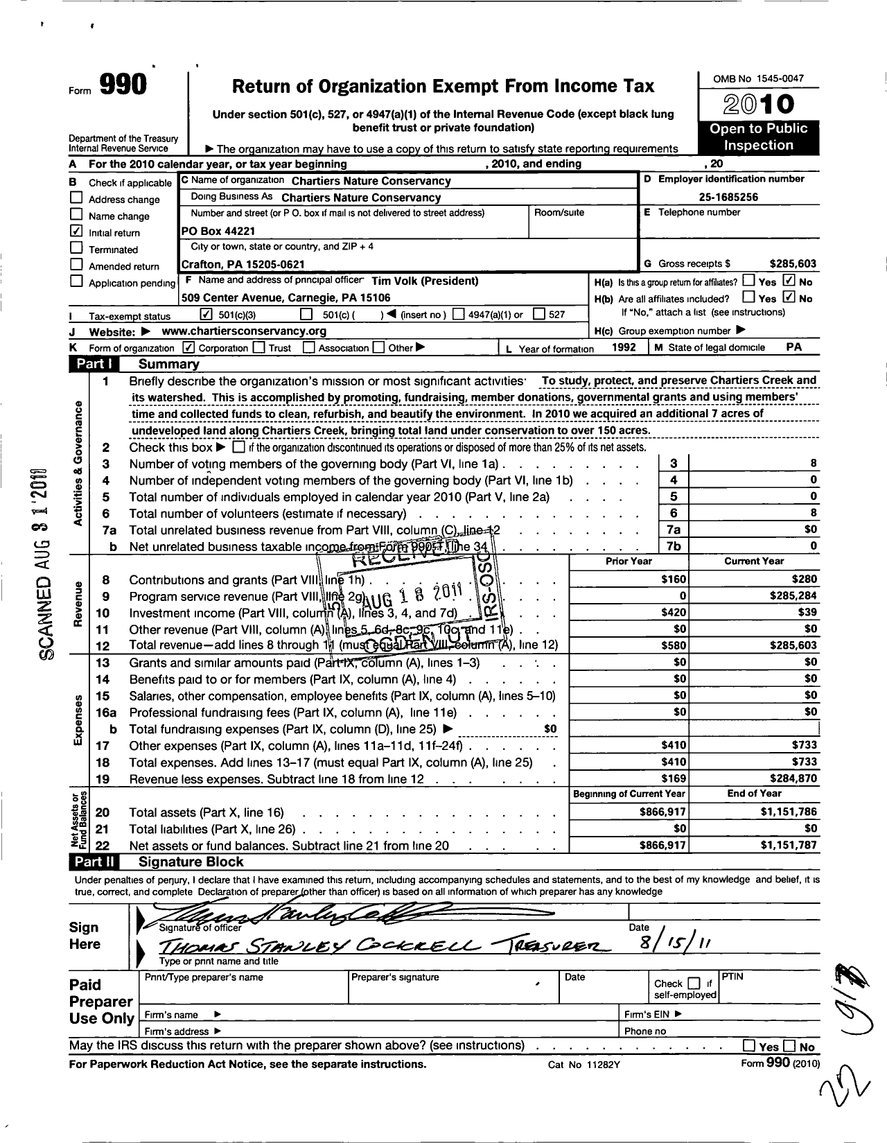 Image of first page of 2010 Form 990 for Chartiers Nature Conservancy